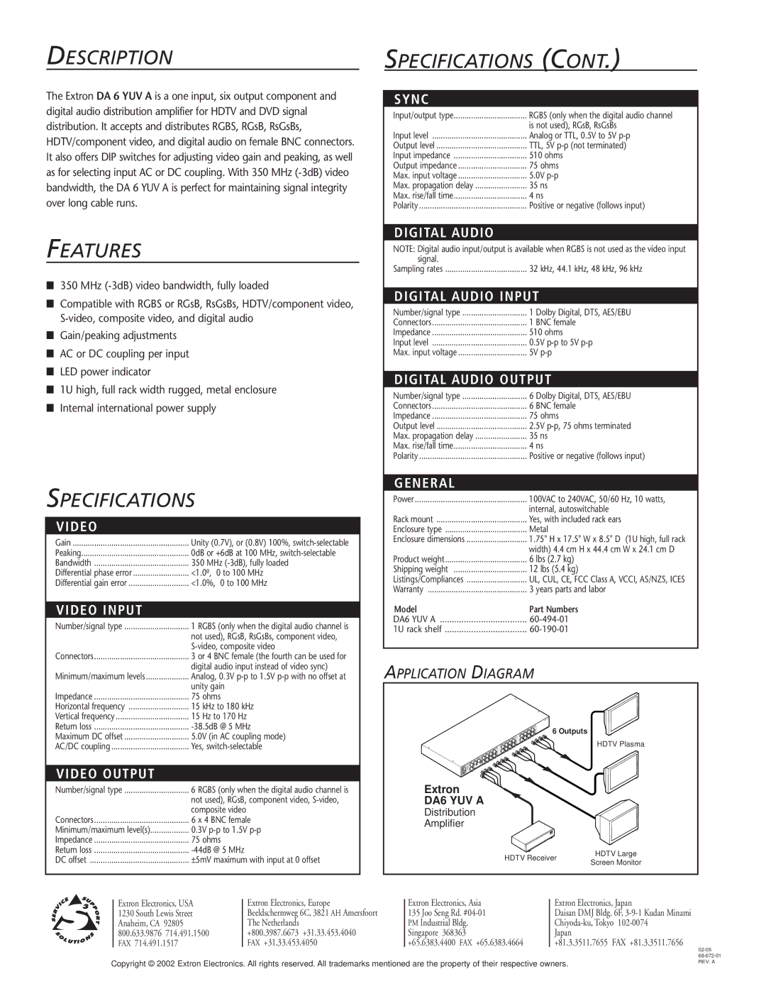 Extron electronic DA6 YUV A D E O, Video Input, Video Output, Sync, Digital Audio Input, Digital Audio Output, General 