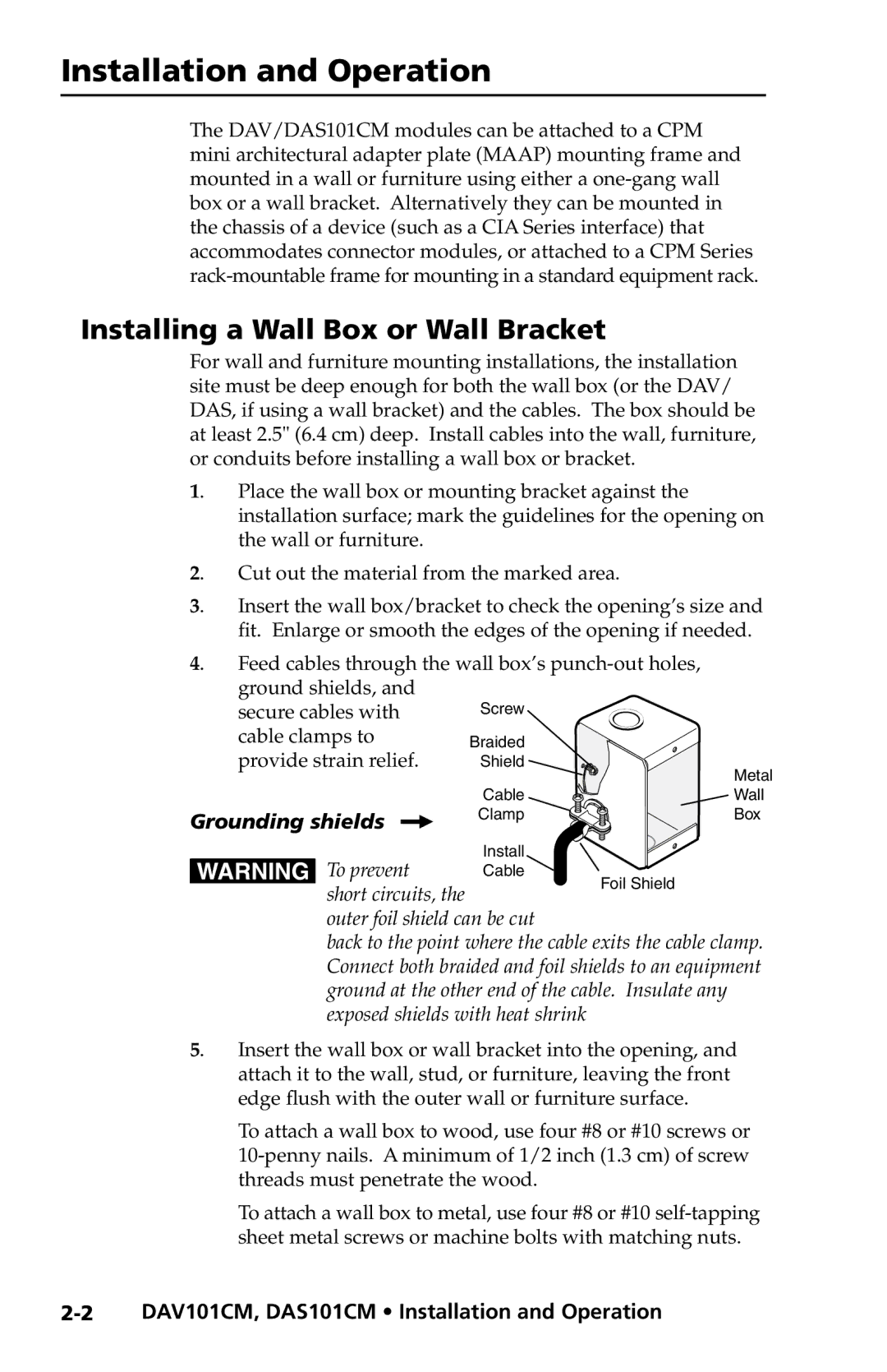 Extron electronic DAV101CM Series, DAS101CM Series Installation and Operation, Installing a Wall Box or Wall Bracket 