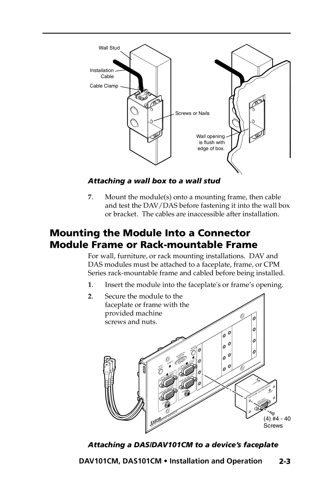 Extron electronic DAS101CM Series, DAV101CM Series user manual Attaching a DAS/DAV101CM to a device’s faceplate 