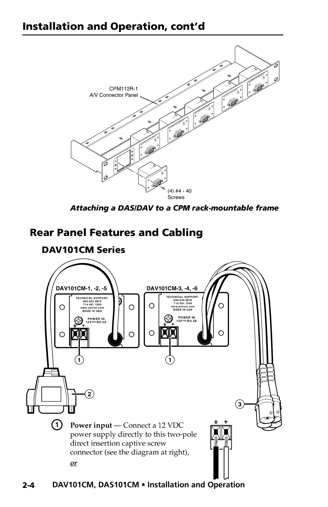 Extron electronic DAV101CM Series, DAS101CM Series Installation and Operation, cont’d, Rear Panel Features and Cabling 