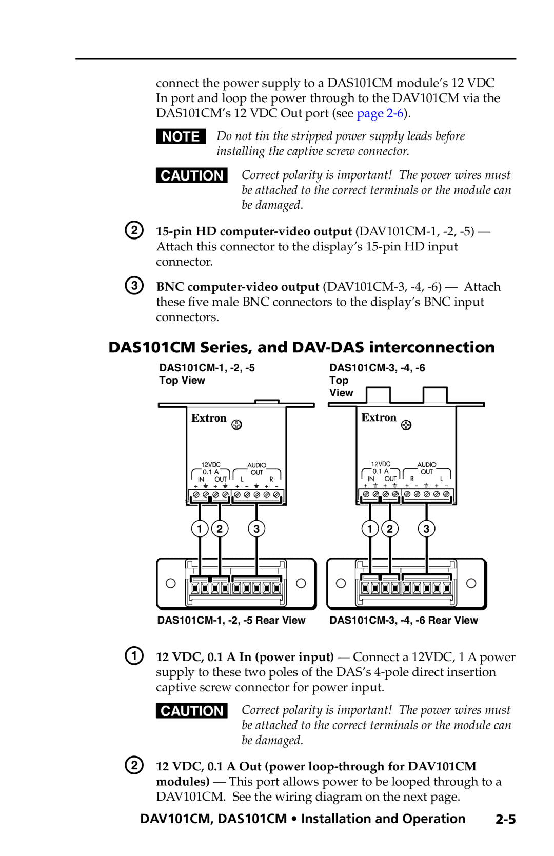 Extron electronic DAV101CM Series DAS101CM Series, and DAV-DAS interconnection, DAS101CM’s 12 VDC Out port see 