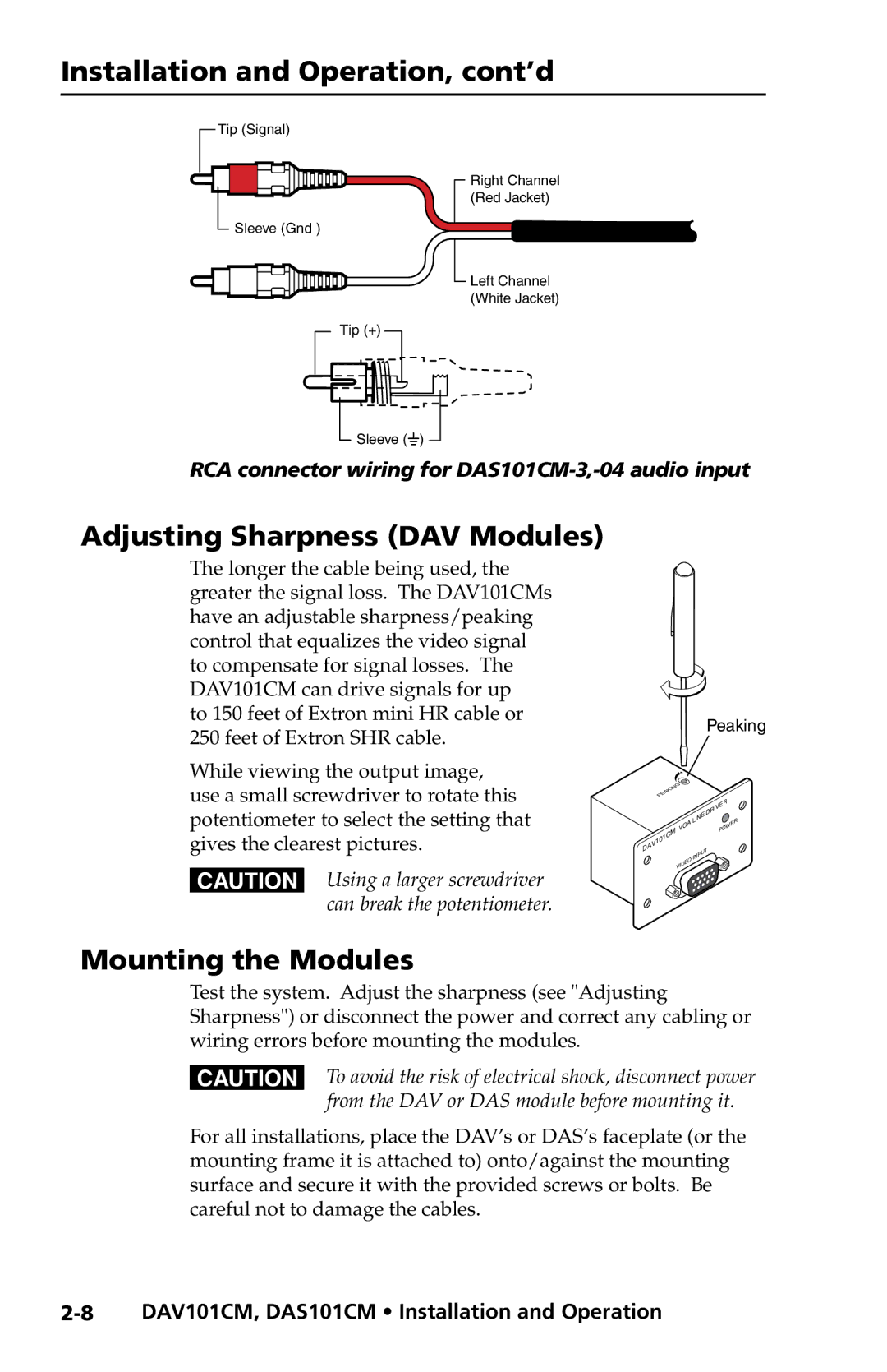 Extron electronic DAV101CM Series, DAS101CM Series user manual Adjusting Sharpness DAV Modules, Mounting the Modules 