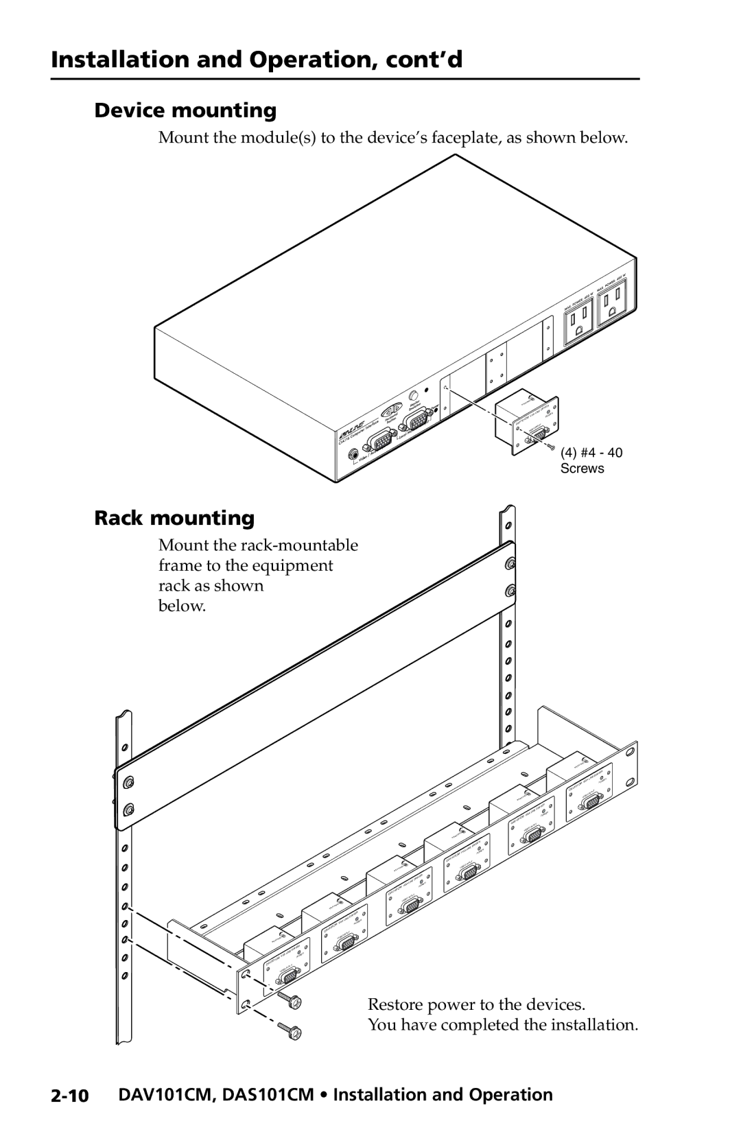 Extron electronic DAV101CM Series Device mounting, Rack mounting, 10 DAV101CM, DAS101CM Installation and Operation 