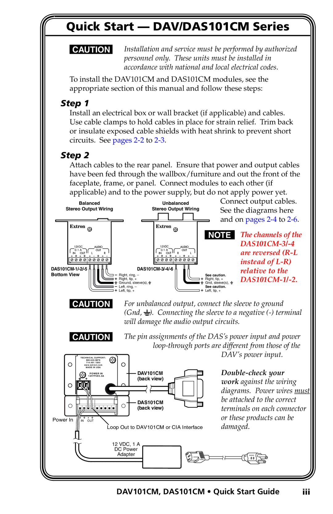 Extron electronic DAV101CM Series user manual Quick Start DAV/DAS101CM Series, DAV101CM, DAS101CM Quick Start Guide Iii 