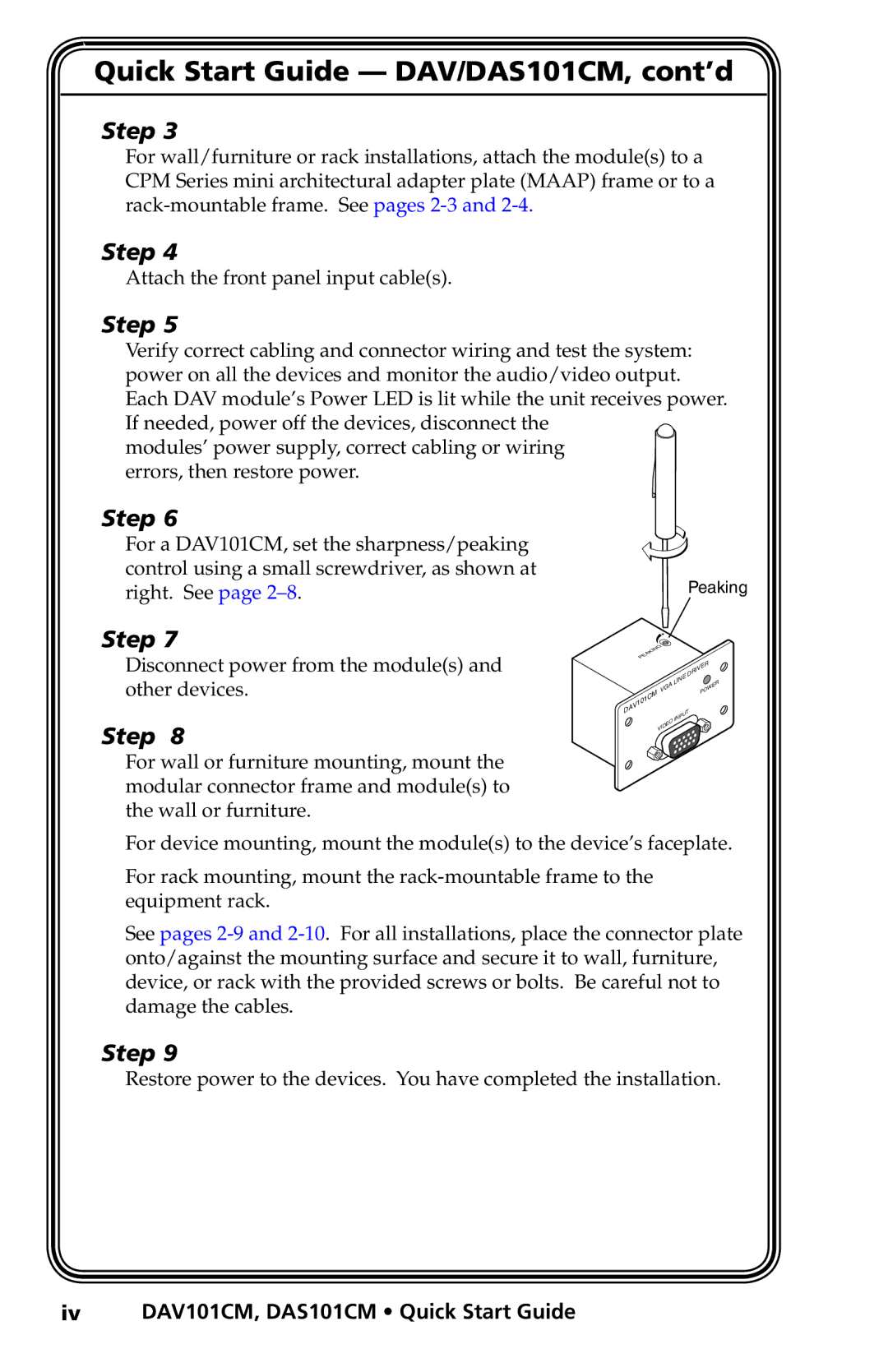 Extron electronic DAV101CM Series Quick Start Guide -­ DAV/DAS101CM, cont’d, Iv DAV101CM, DAS101CM Quick Start Guide 