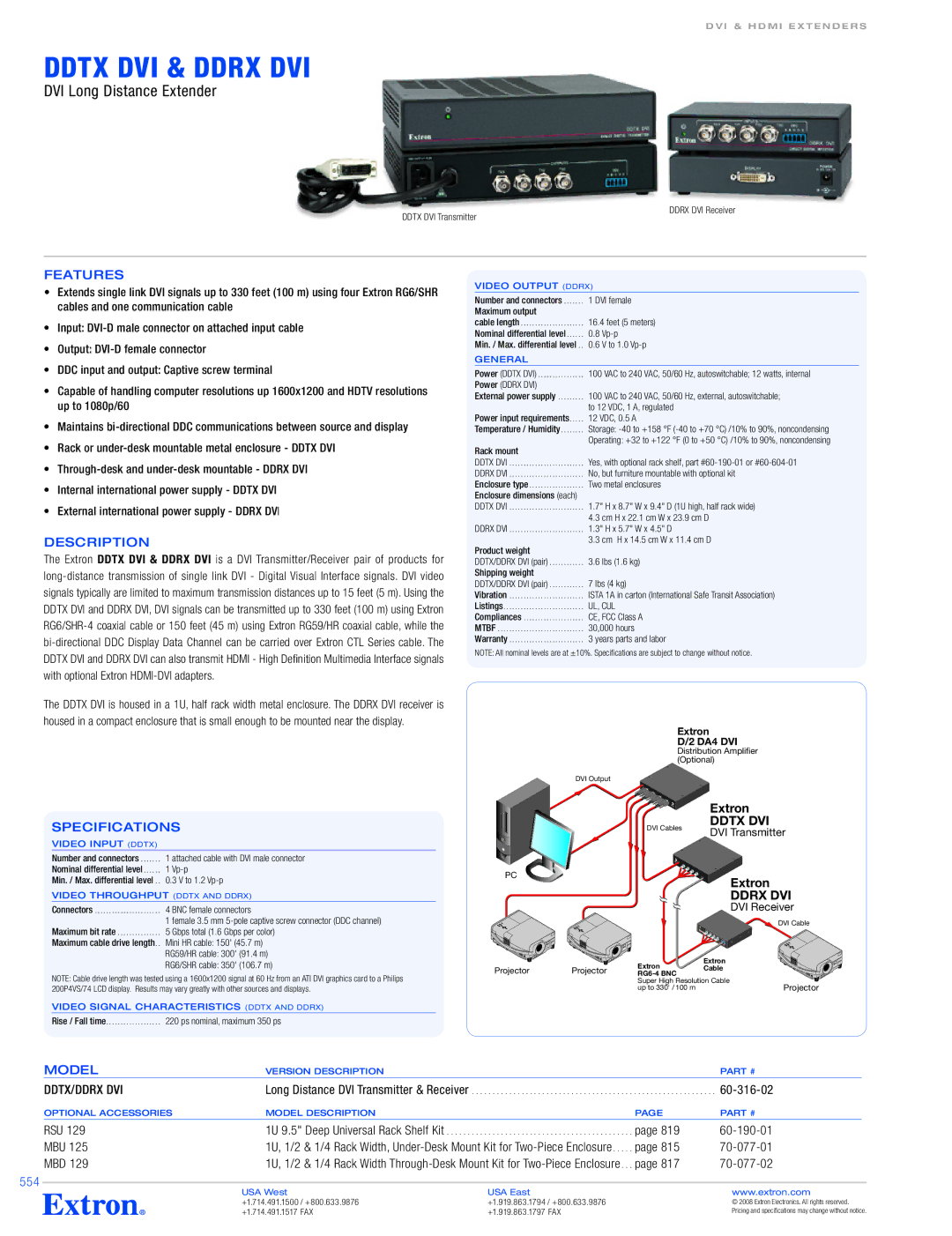 Extron electronic DDTX DVI, DDRX DVI specifications Features, Ddtx DVI, Ddrx DVI, Model, 554 