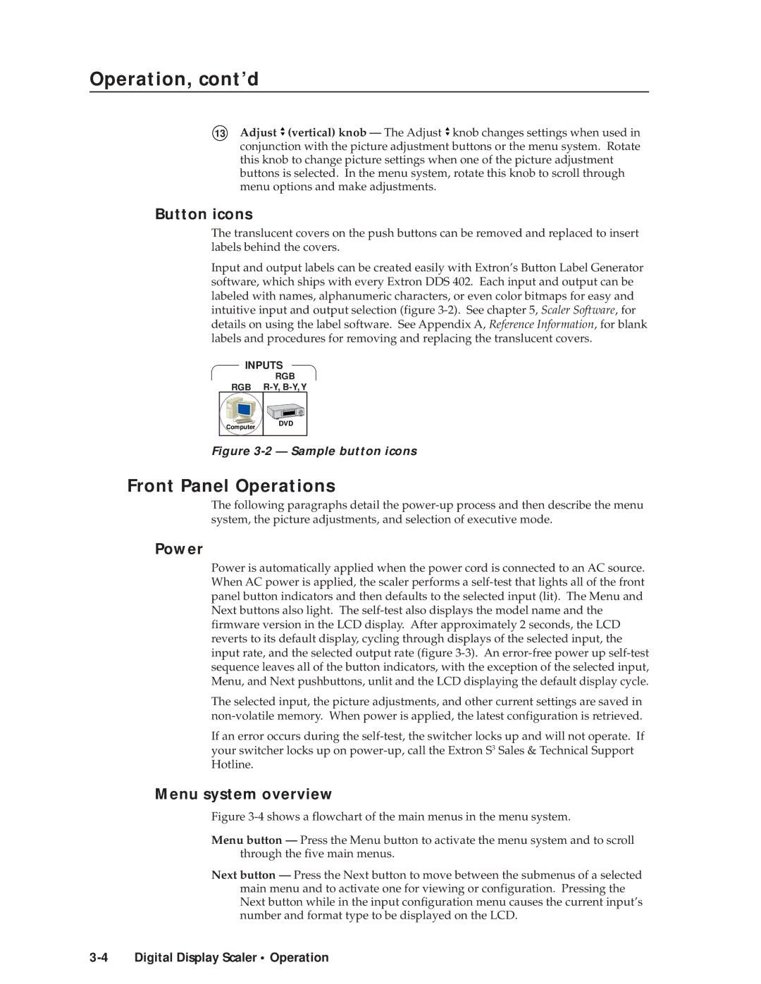 Extron electronic DDS 402 manual Operation, cont’d, Front Panel Operations, Button icons, Power, Menu system overview 