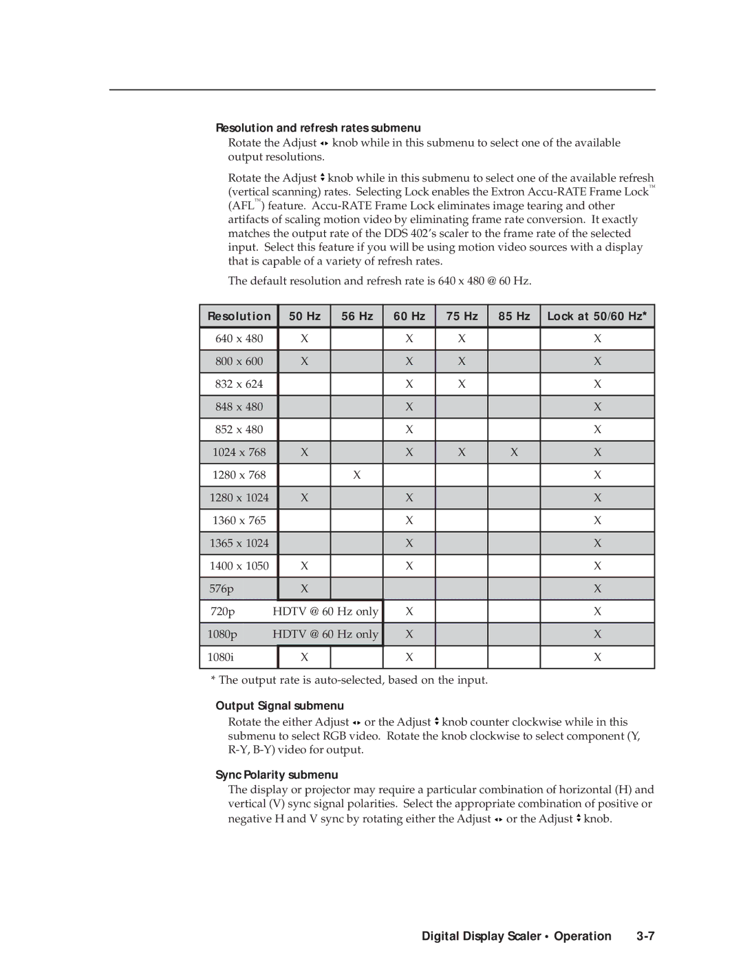 Extron electronic DDS 402 Resolution and refresh rates submenu, Resolution 50 Hz 56 Hz 60 Hz 75 Hz 85 Hz Lock at 50/60 Hz 