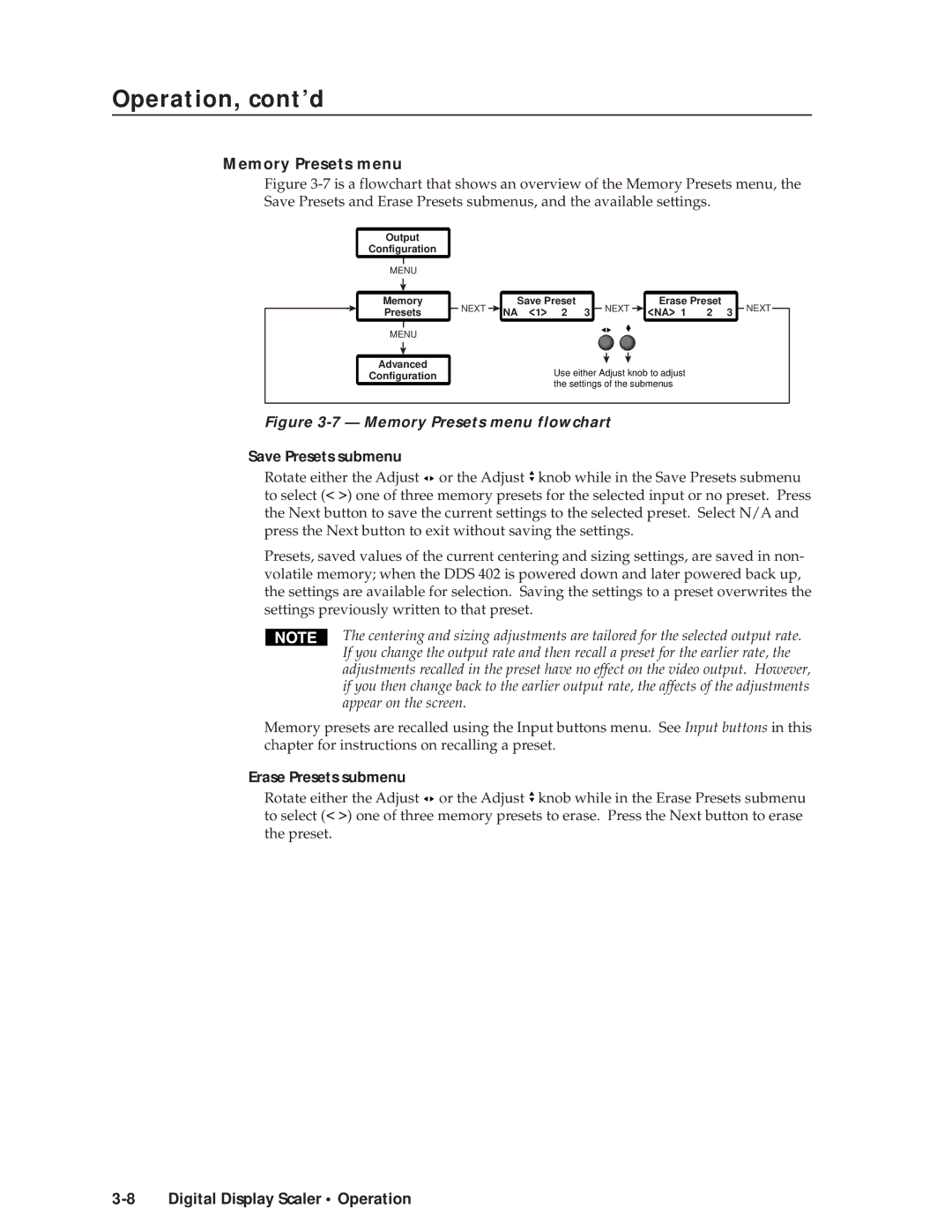 Extron electronic DDS 402 manual Save Presets submenu, Erase Presets submenu 