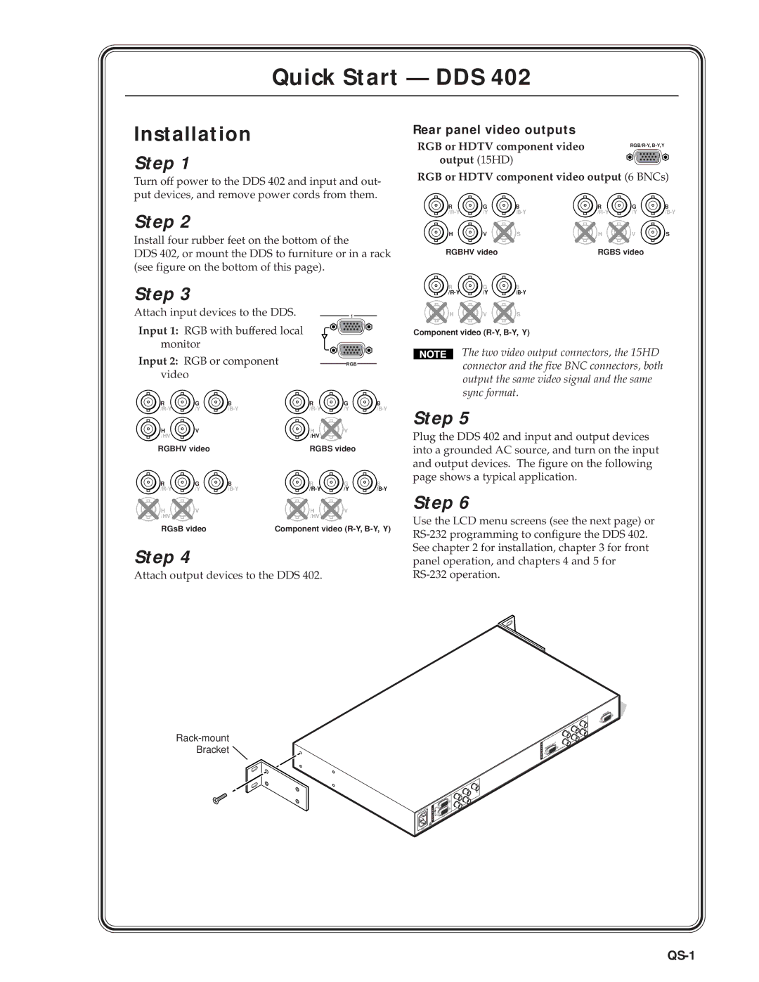 Extron electronic DDS 402 manual Rear panel video outputs, QS-1 