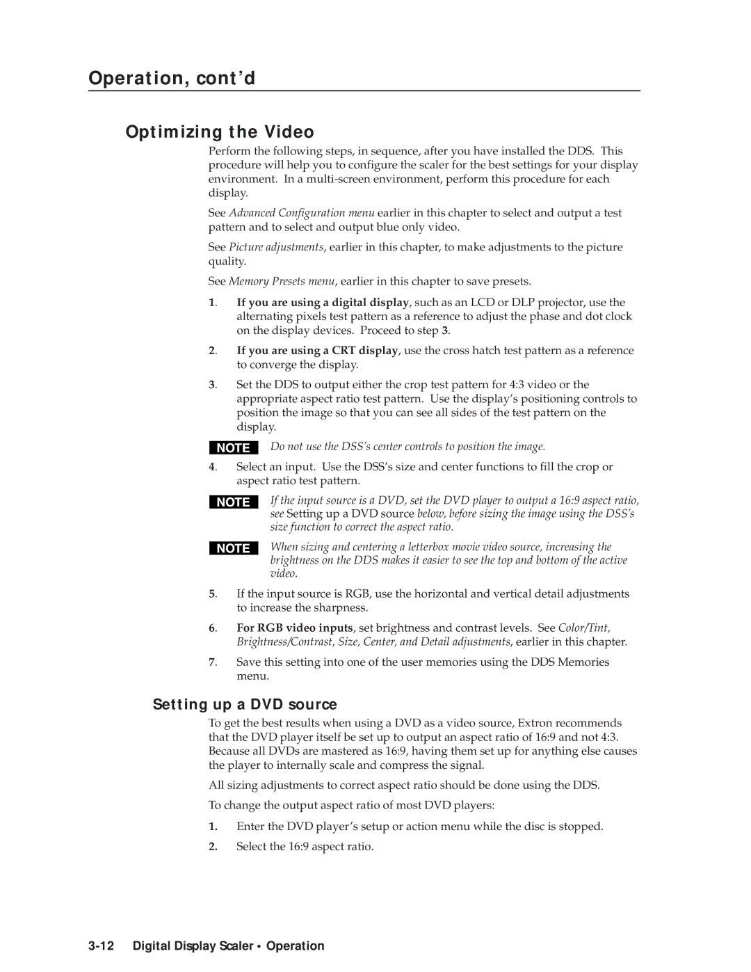 Extron electronic DDS 402 manual Optimizing the Video, Setting up a DVD source 