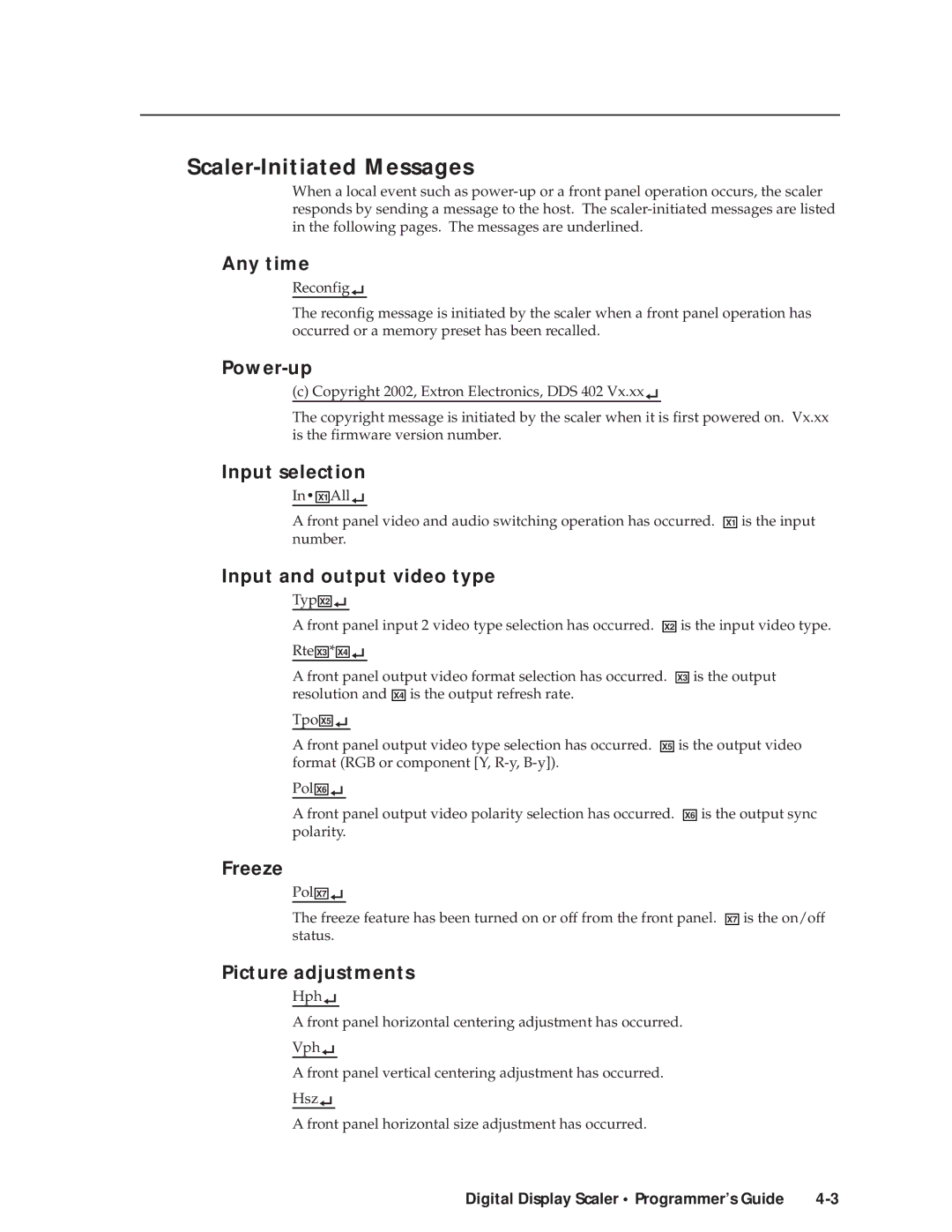 Extron electronic DDS 402 manual Scaler-Initiated Messages 