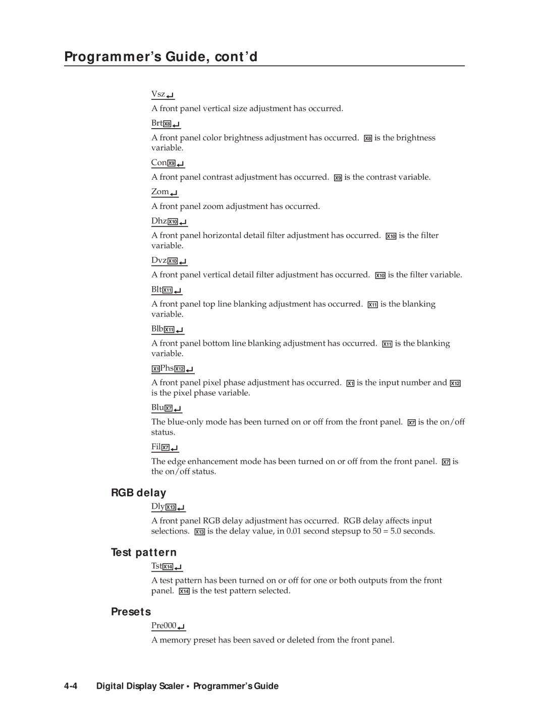 Extron electronic DDS 402 manual Programmer’s Guide, cont’d, RGB delay, Test pattern, Presets 