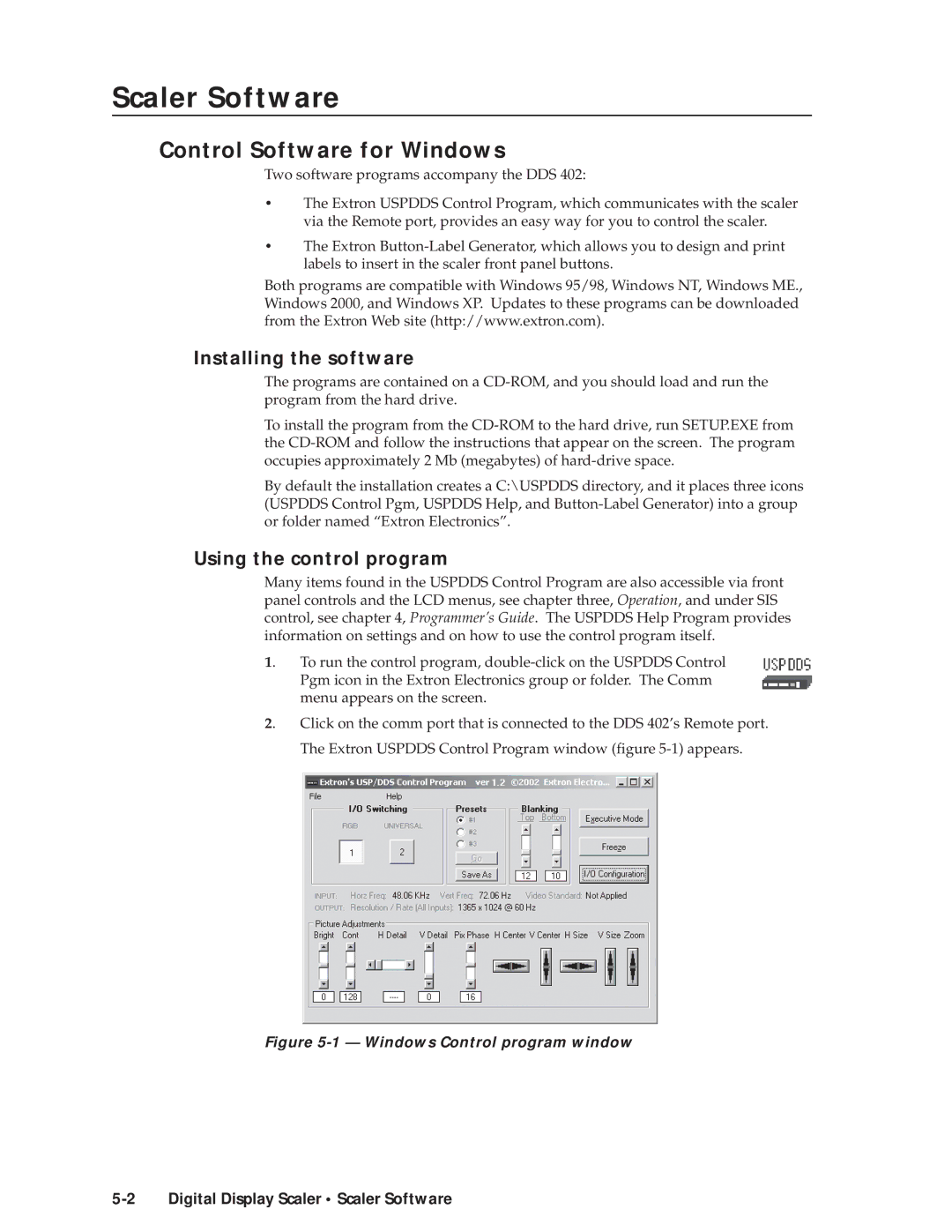 Extron electronic DDS 402 manual Control Software for Windows, Installing the software, Using the control program 