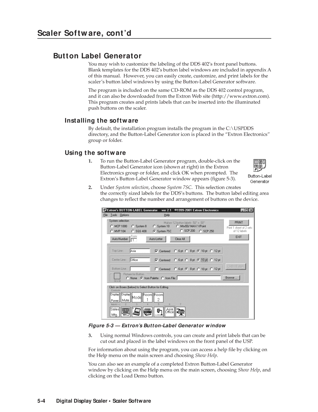 Extron electronic DDS 402 manual Scaler Software, cont’d, Button Label Generator, Using the software 