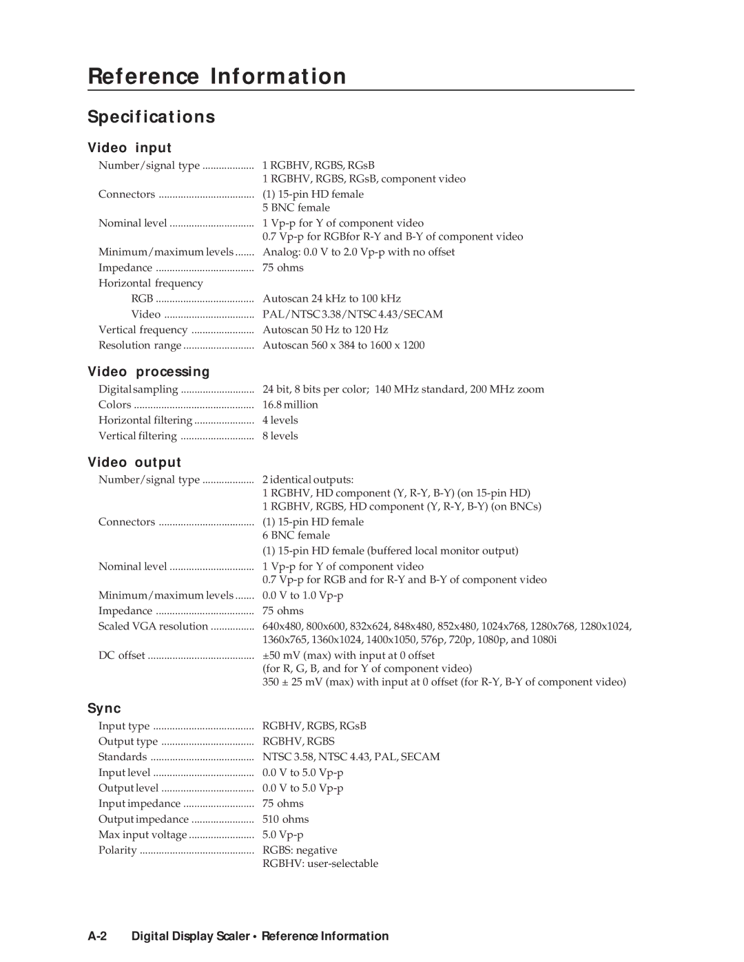 Extron electronic DDS 402 manual Specifications, Digital Display Scaler Reference Information 