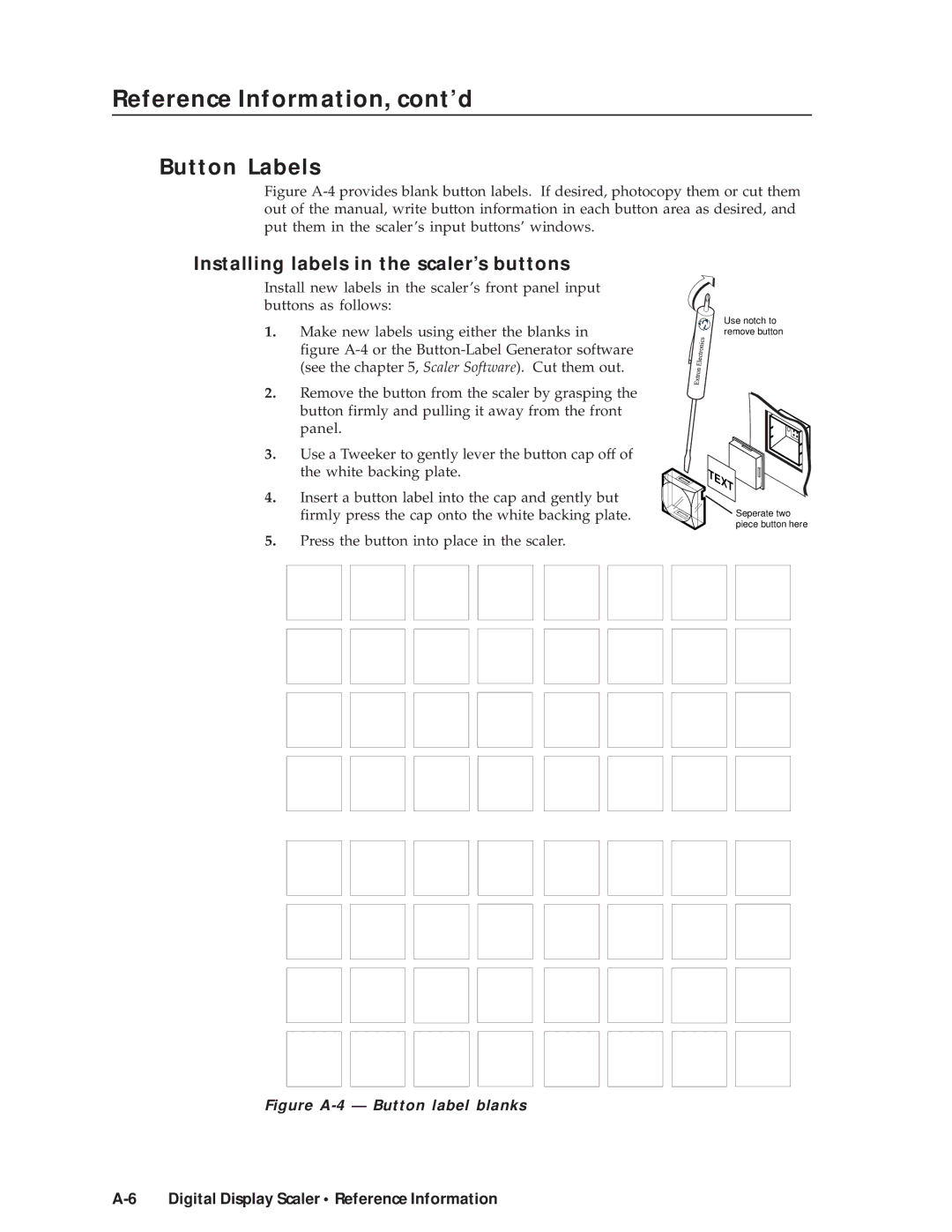 Extron electronic DDS 402 manual Button Labels, Installing labels in the scaler’s buttons 