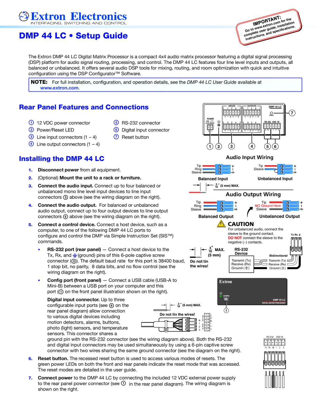 Extron electronic setup guide DMP 44 LC Setup Guide, Rear Panel Features and Connections, Installing the DMP 44 LC 