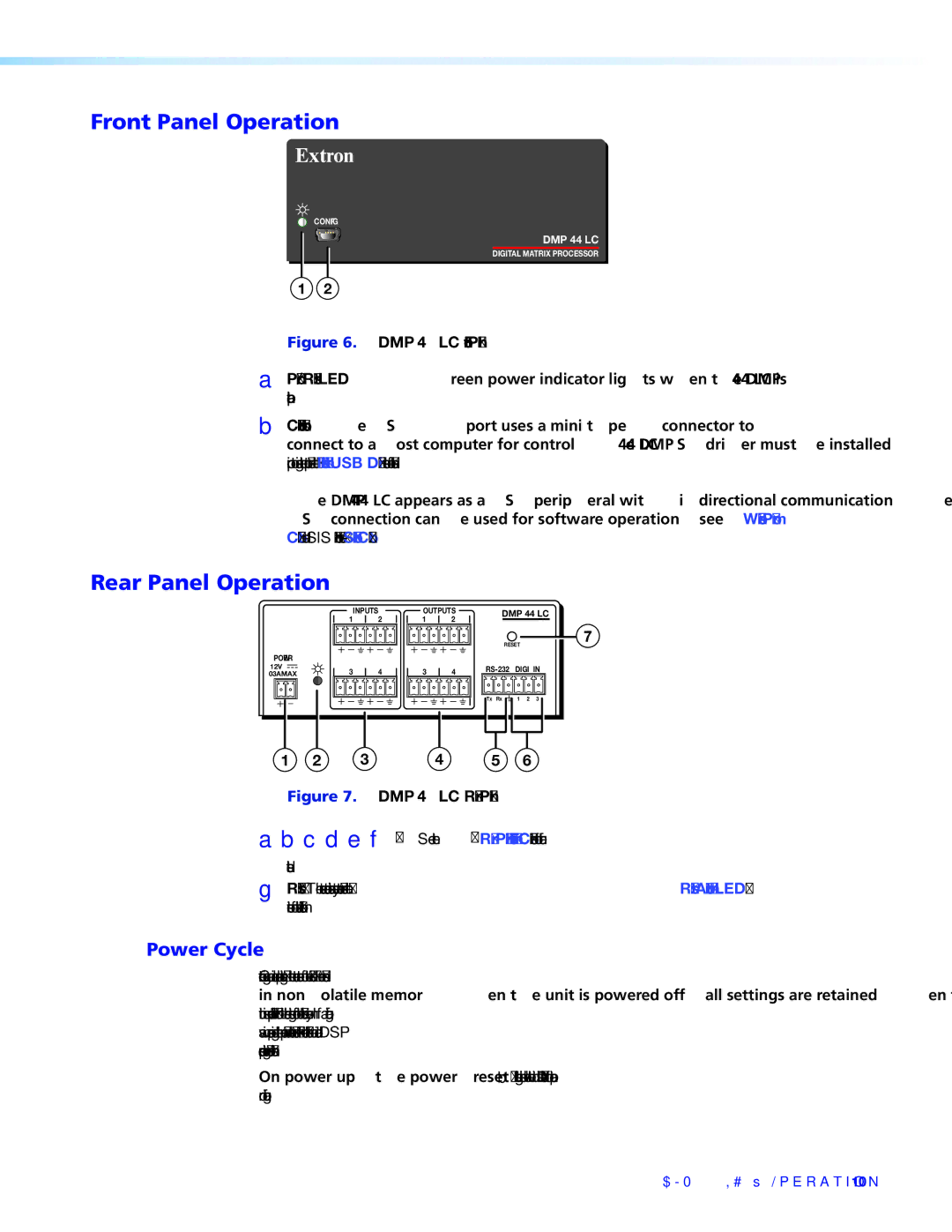 Extron electronic DMP 44 LC manual Front Panel Operation, Rear Panel Operation, Power Cycle 