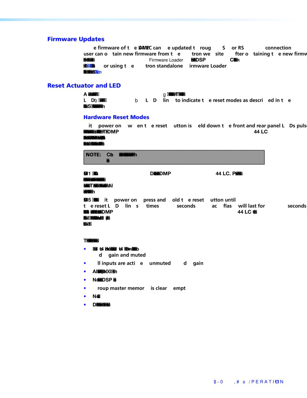 Extron electronic DMP 44 LC manual Firmware Updates Reset Actuator and LED, Hardware Reset Modes 