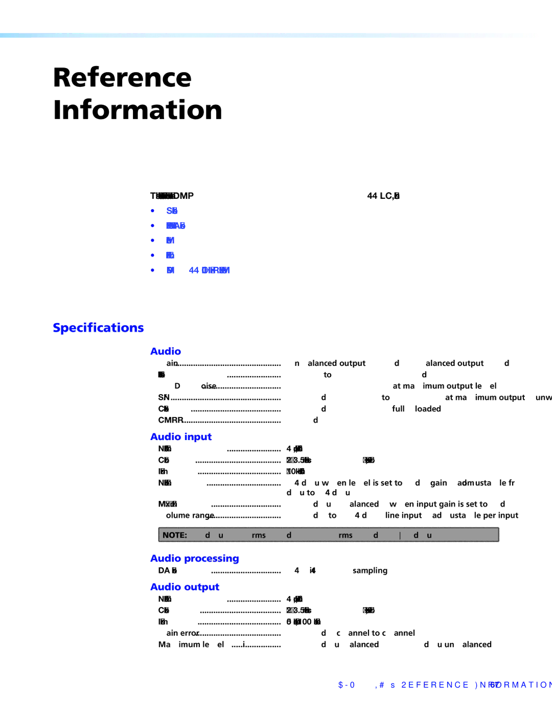 Extron electronic DMP 44 LC manual Specifications, Audio input, Audio processing, Audio output 