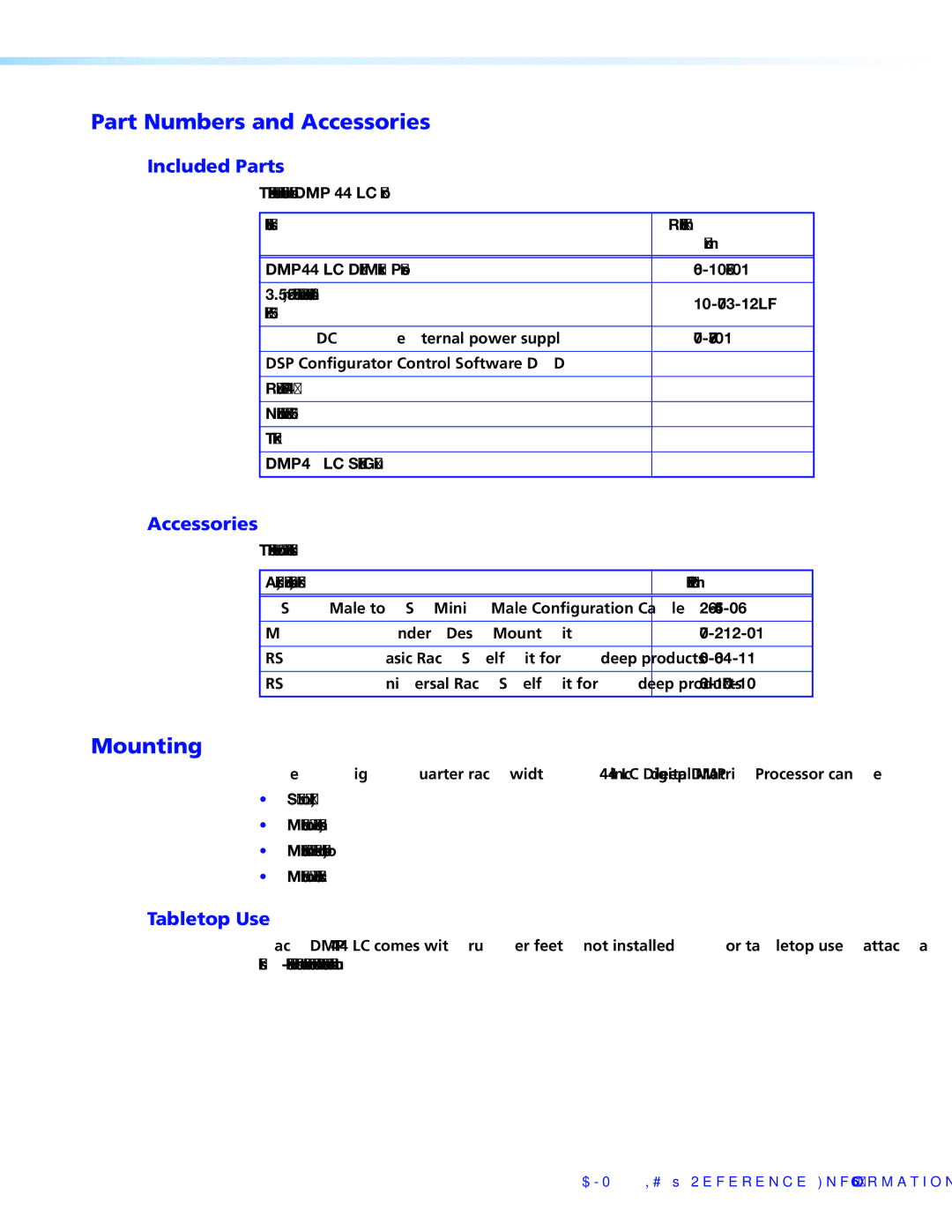 Extron electronic DMP 44 LC manual Part Numbers and Accessories, Mounting, Included Parts, Tabletop Use 