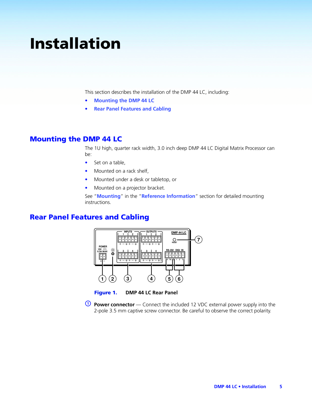 Extron electronic Installation, Rear Panel Features and Cabling, •Mounting the DMP 44 LC, DMP 44 LC Rear Panel 