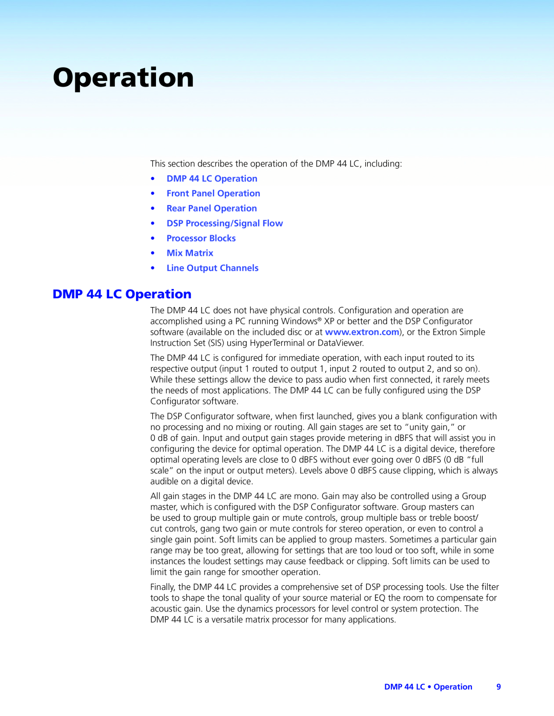 Extron electronic manual •DMP 44 LC Operation •Front Panel Operation, •Processor Blocks •Mix Matrix 