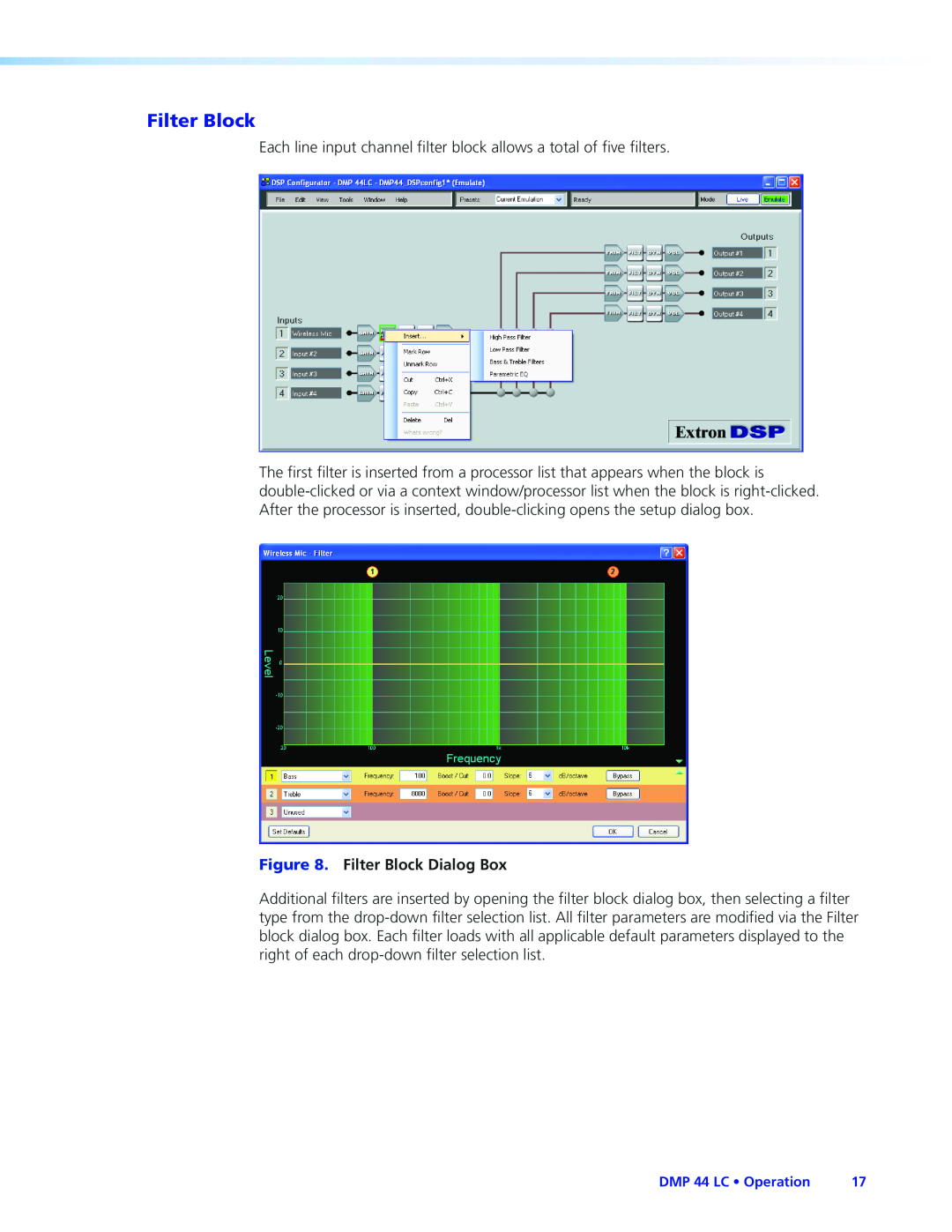 Extron electronic DMP 44 LC manual Filter Block Dialog Box 