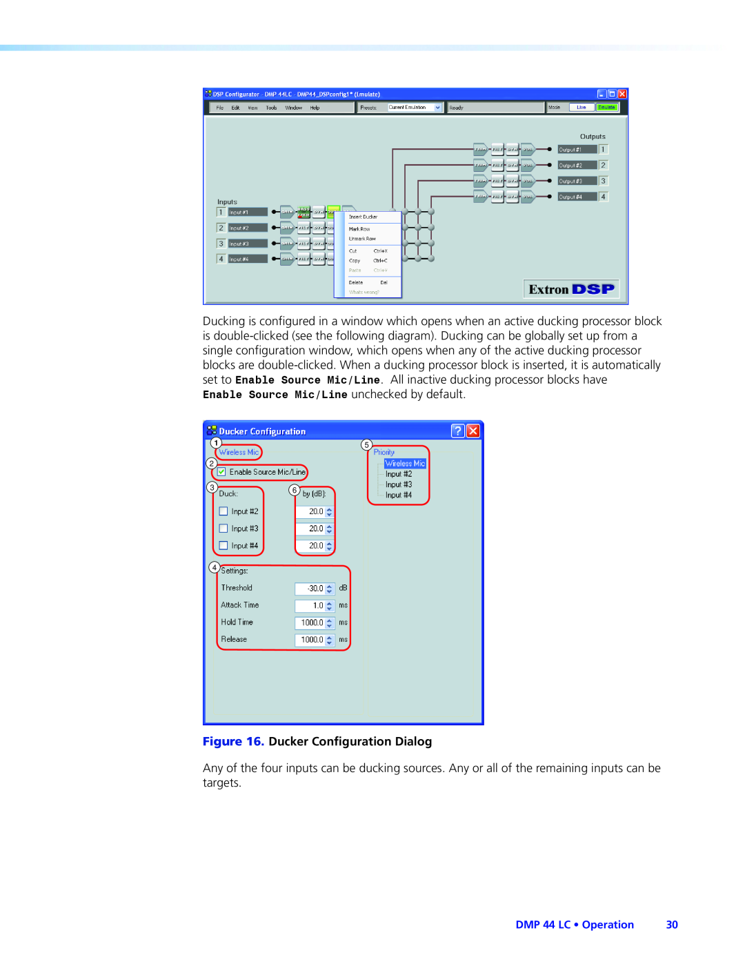 Extron electronic manual Ducker Configuration Dialog, DMP 44 LC • Operation 