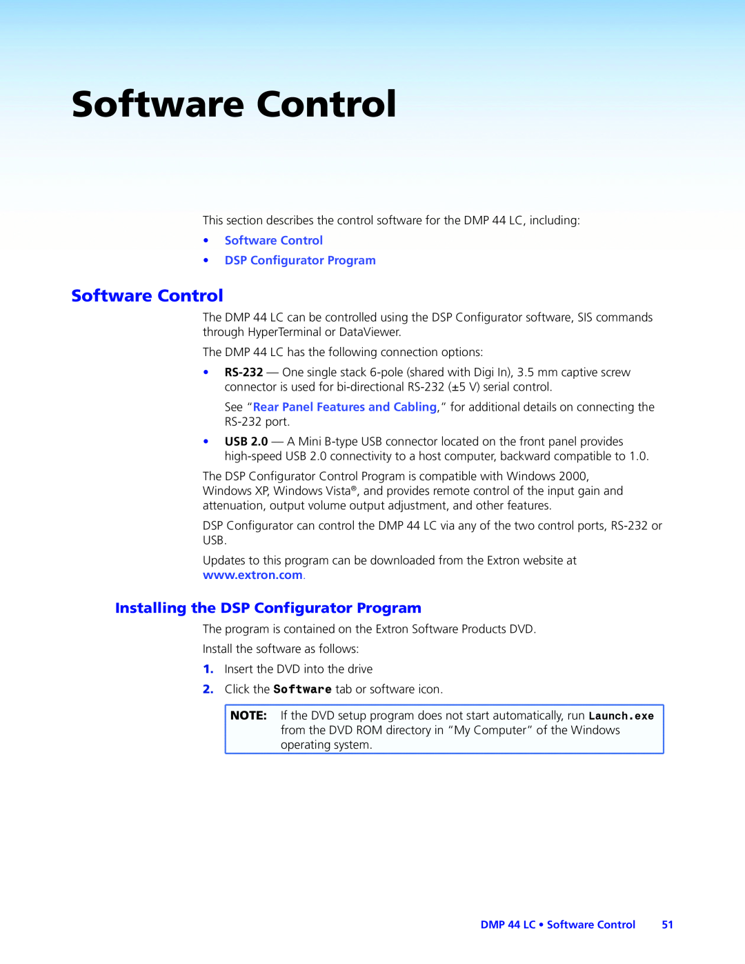 Extron electronic DMP 44 LC manual Software Control, Installing the DSP Configurator Program 