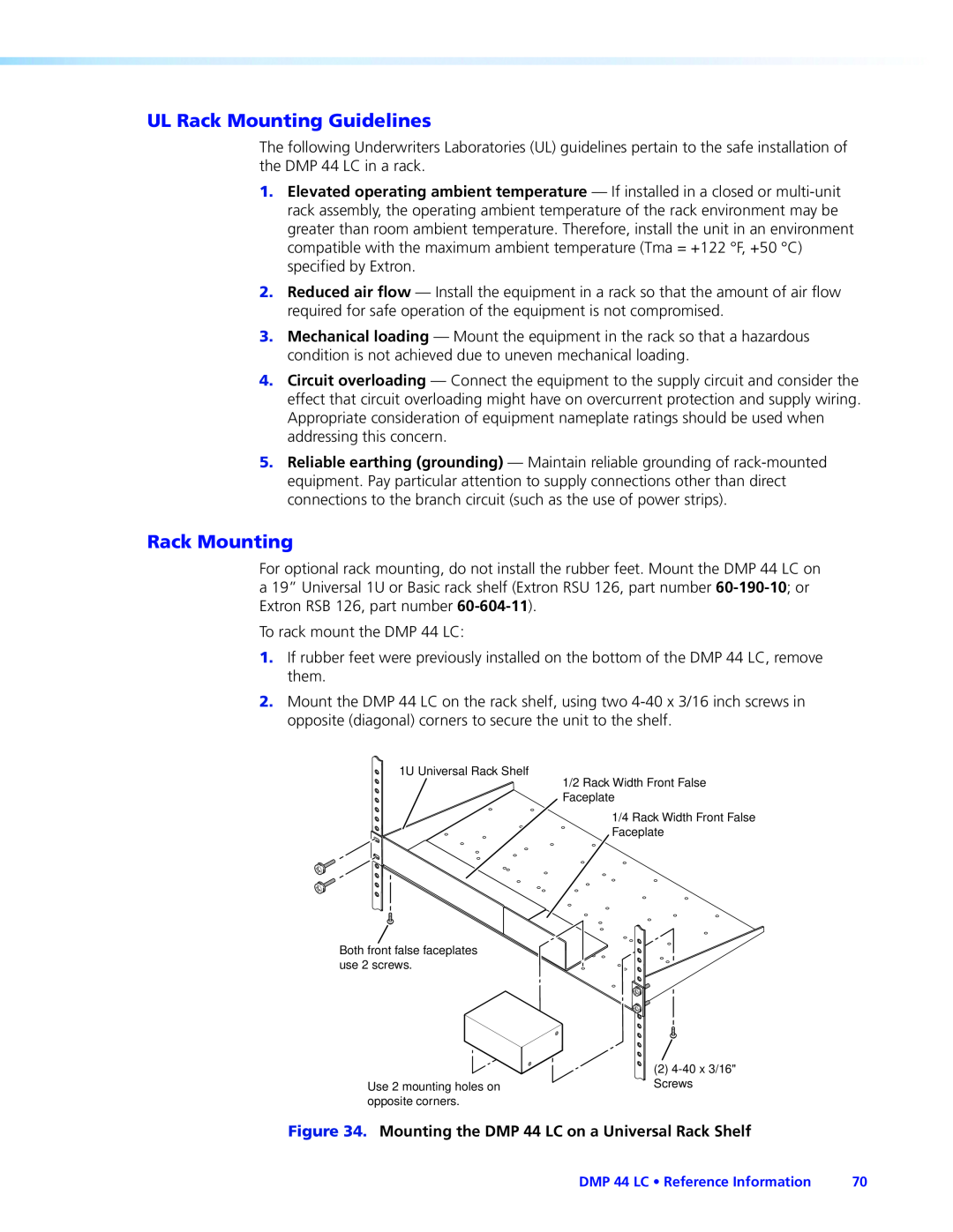 Extron electronic DMP 44 LC manual UL Rack Mounting Guidelines 