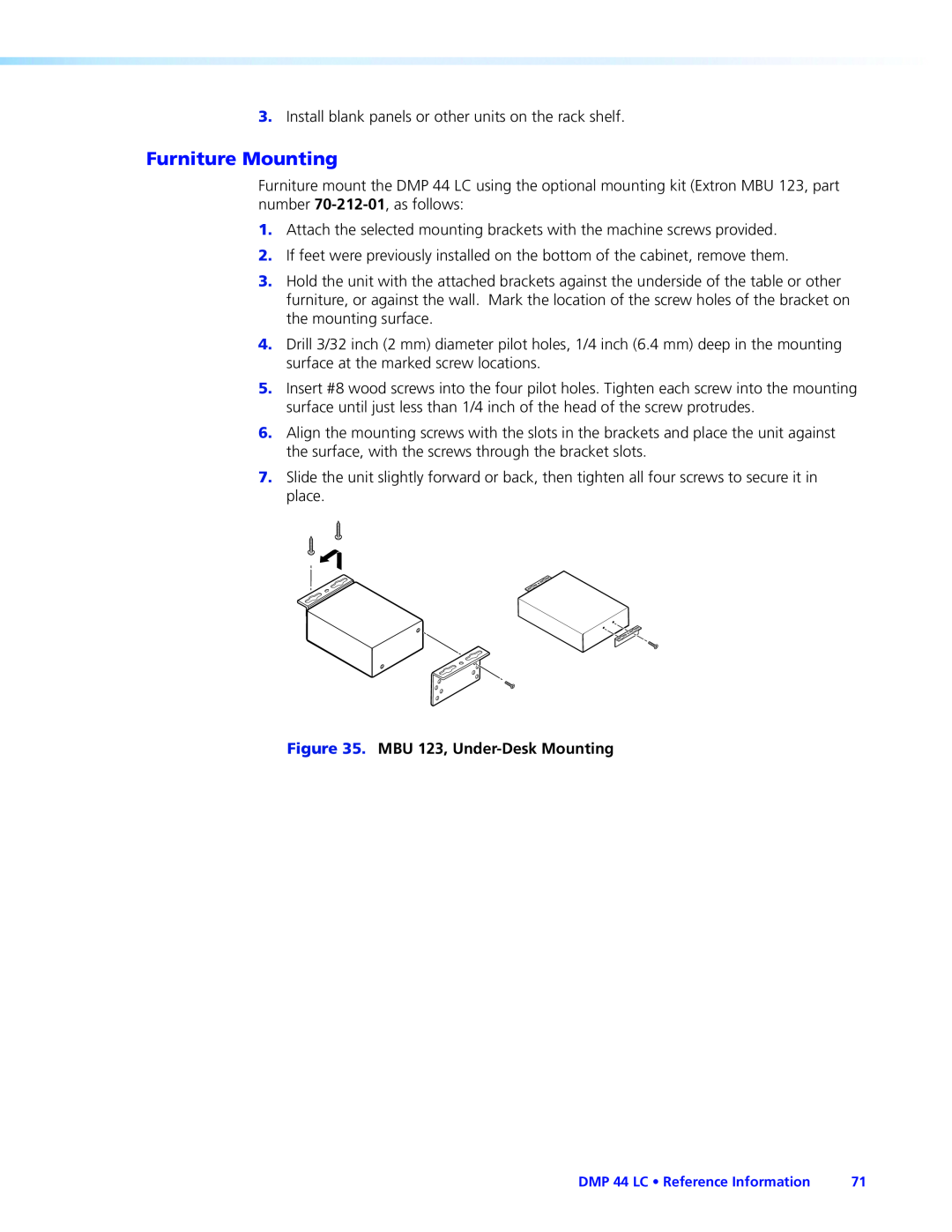 Extron electronic DMP 44 LC manual Furniture Mounting, MBU 123, Under-DeskMounting 