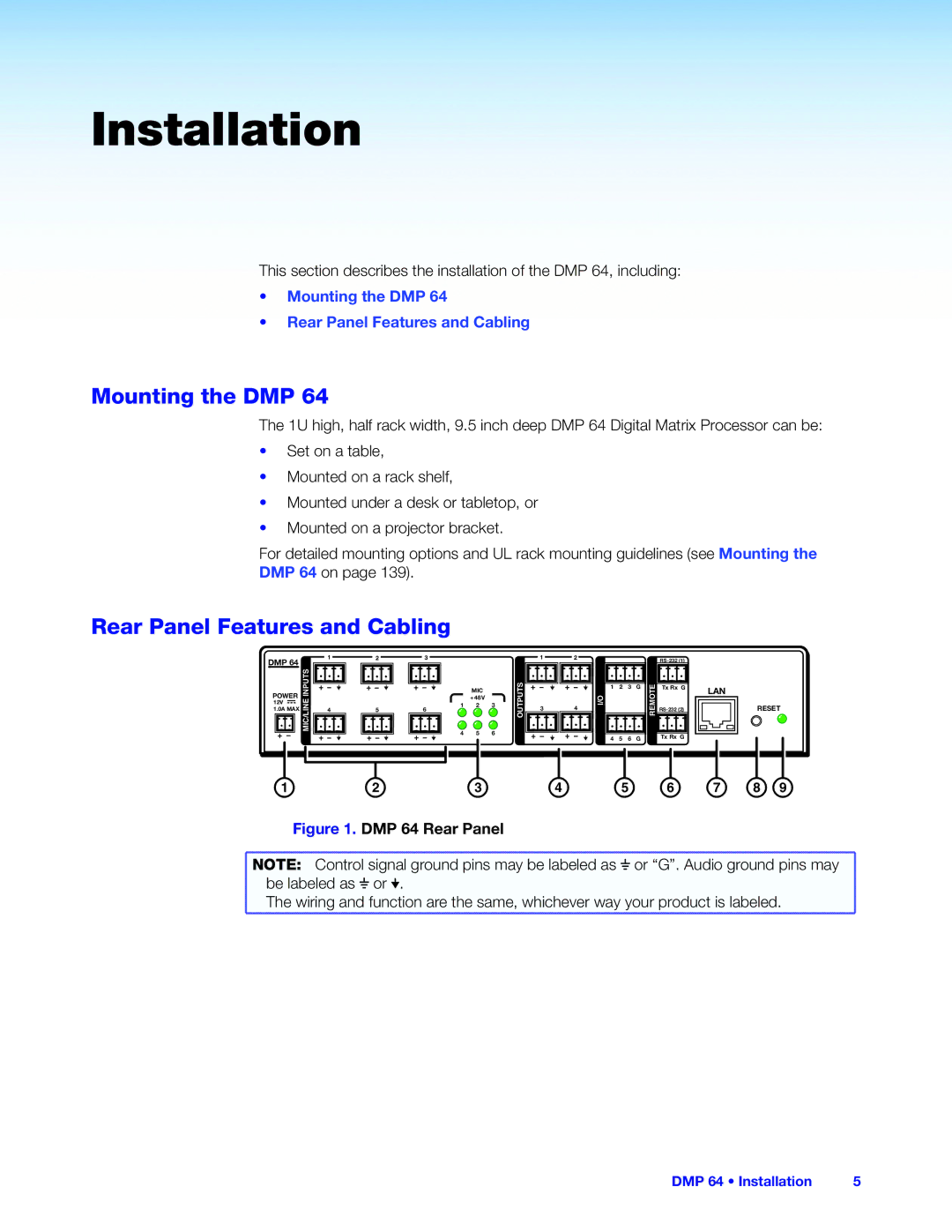 Extron electronic manual Mounting the DMP, DMP 64 Rear Panel 