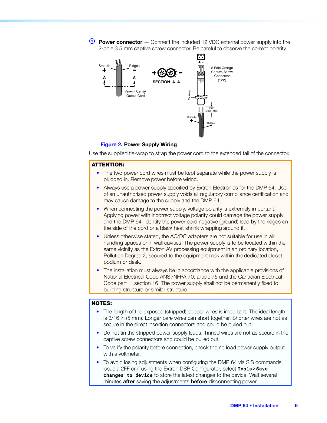 Extron electronic DMP 64 manual Power Supply Wiring 