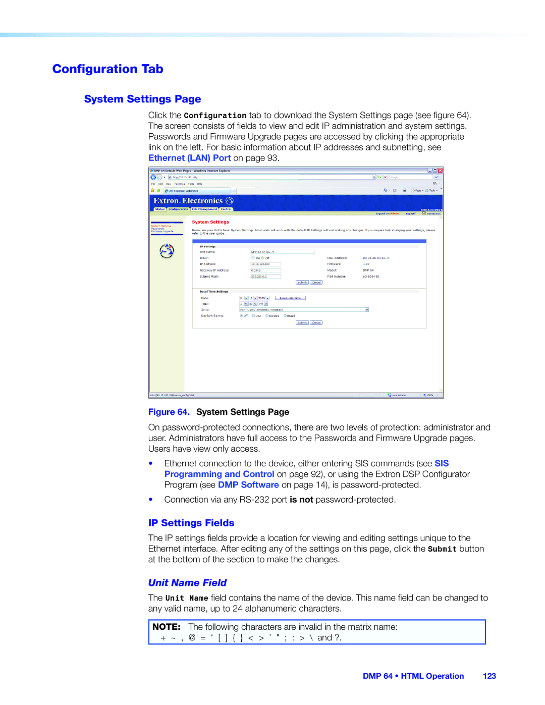 Extron electronic DMP 64 manual Configuration Tab, System Settings, IP Settings Fields 