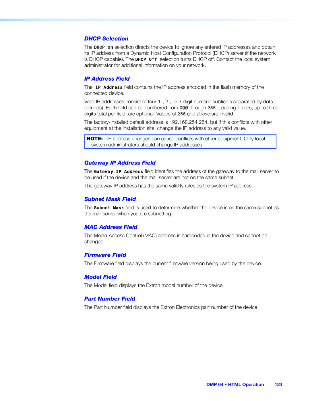Extron electronic DMP 64 manual MAC Address Field 