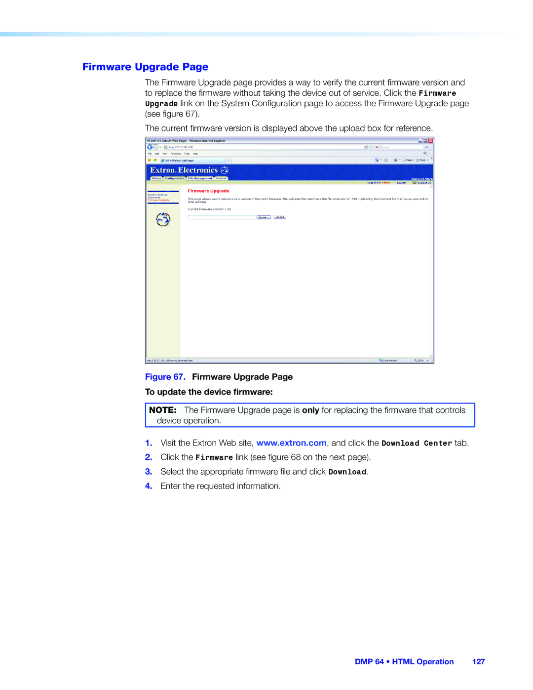 Extron electronic DMP 64 manual Firmware Upgrade To update the device firmware 