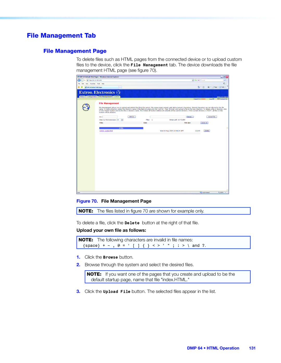 Extron electronic DMP 64 manual File Management Tab, Upload your own file as follows 