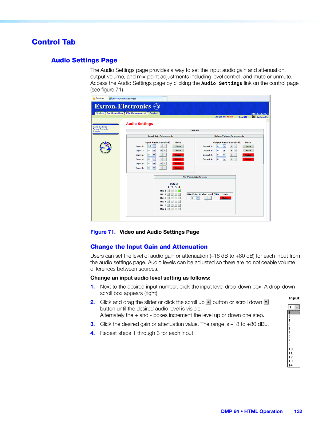 Extron electronic DMP 64 manual Control Tab, Audio Settings, Change the Input Gain and Attenuation 