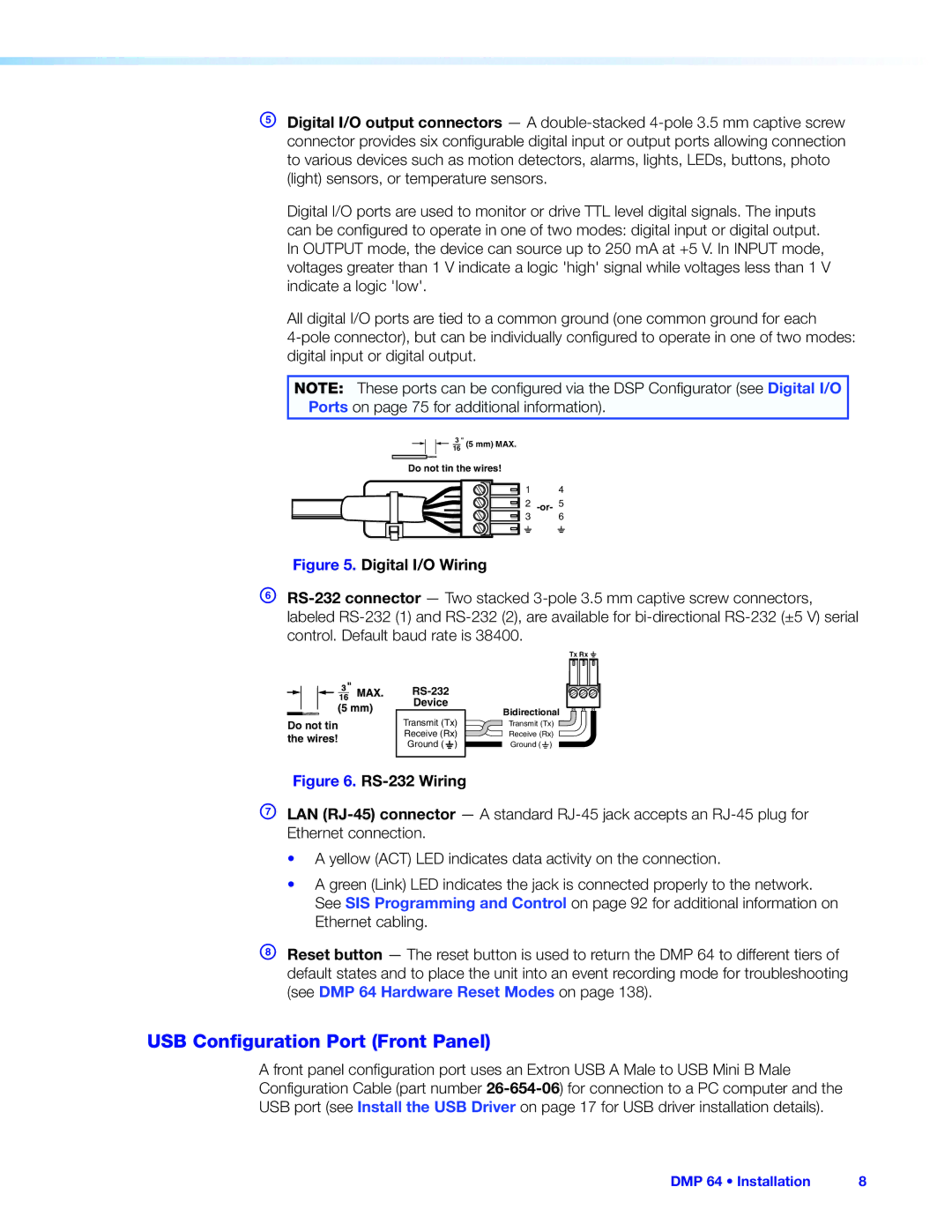 Extron electronic DMP 64 manual USB Configuration Port Front Panel, Digital I/O Wiring 
