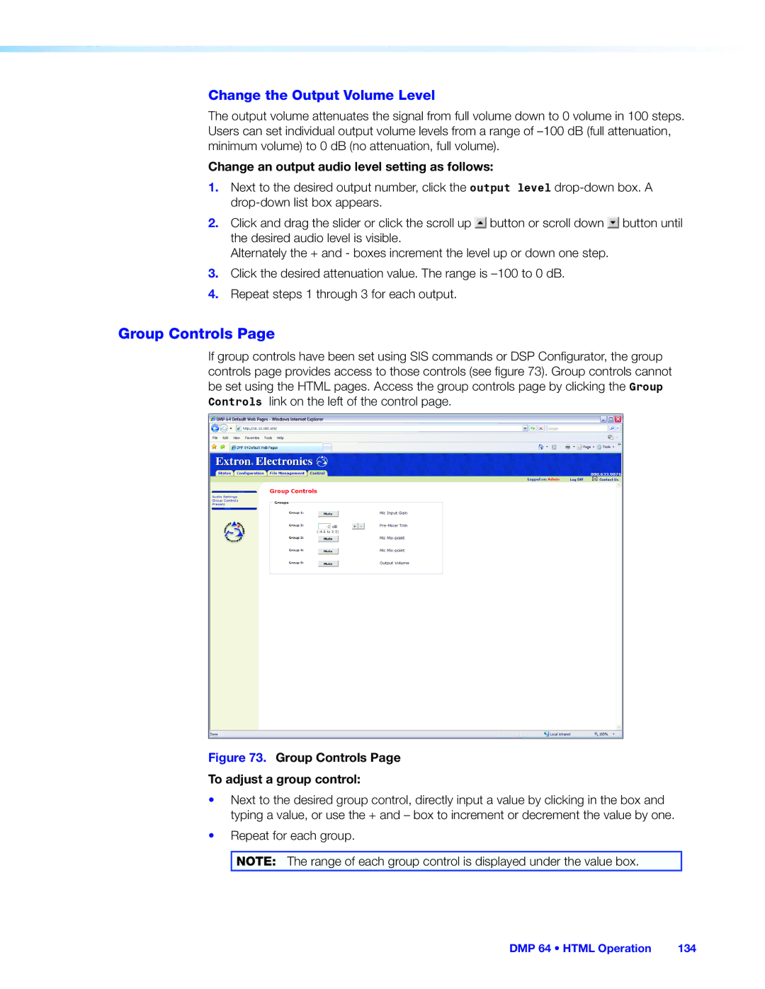 Extron electronic DMP 64 Group Controls, Change the Output Volume Level, Change an output audio level setting as follows 