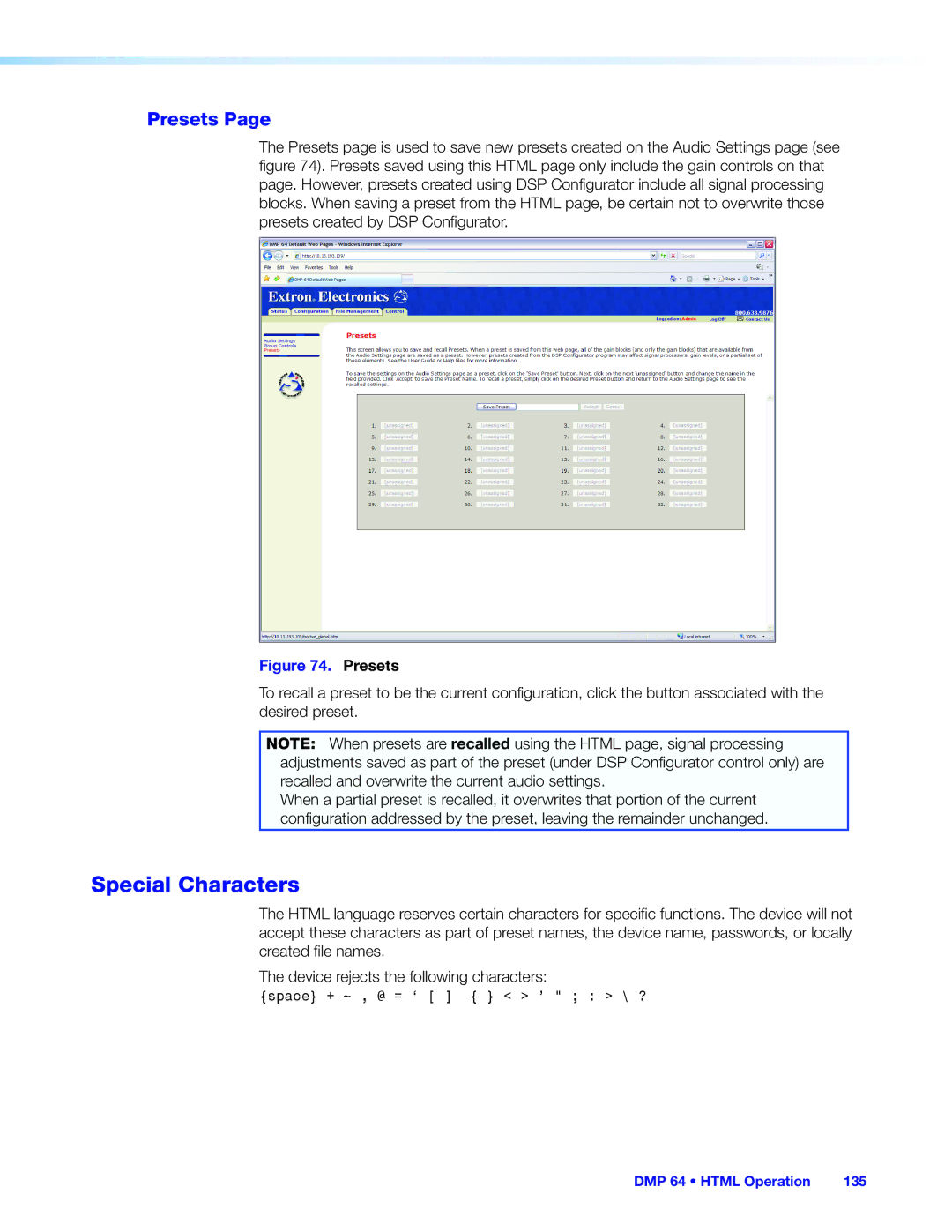 Extron electronic DMP 64 manual Presets 