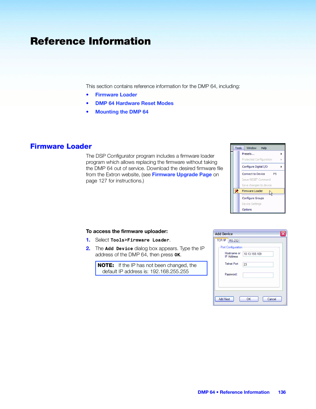 Extron electronic DMP 64 manual Firmware Loader, To access the firmware uploader 