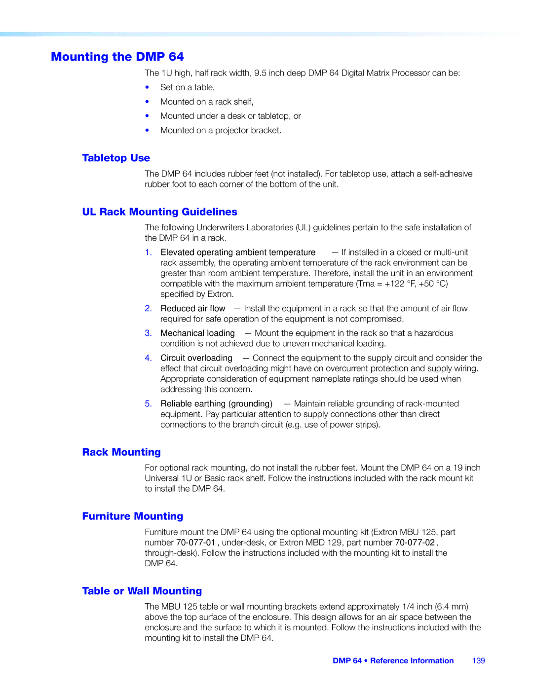 Extron electronic DMP 64 manual Tabletop Use, UL Rack Mounting Guidelines, Furniture Mounting, Table or Wall Mounting 