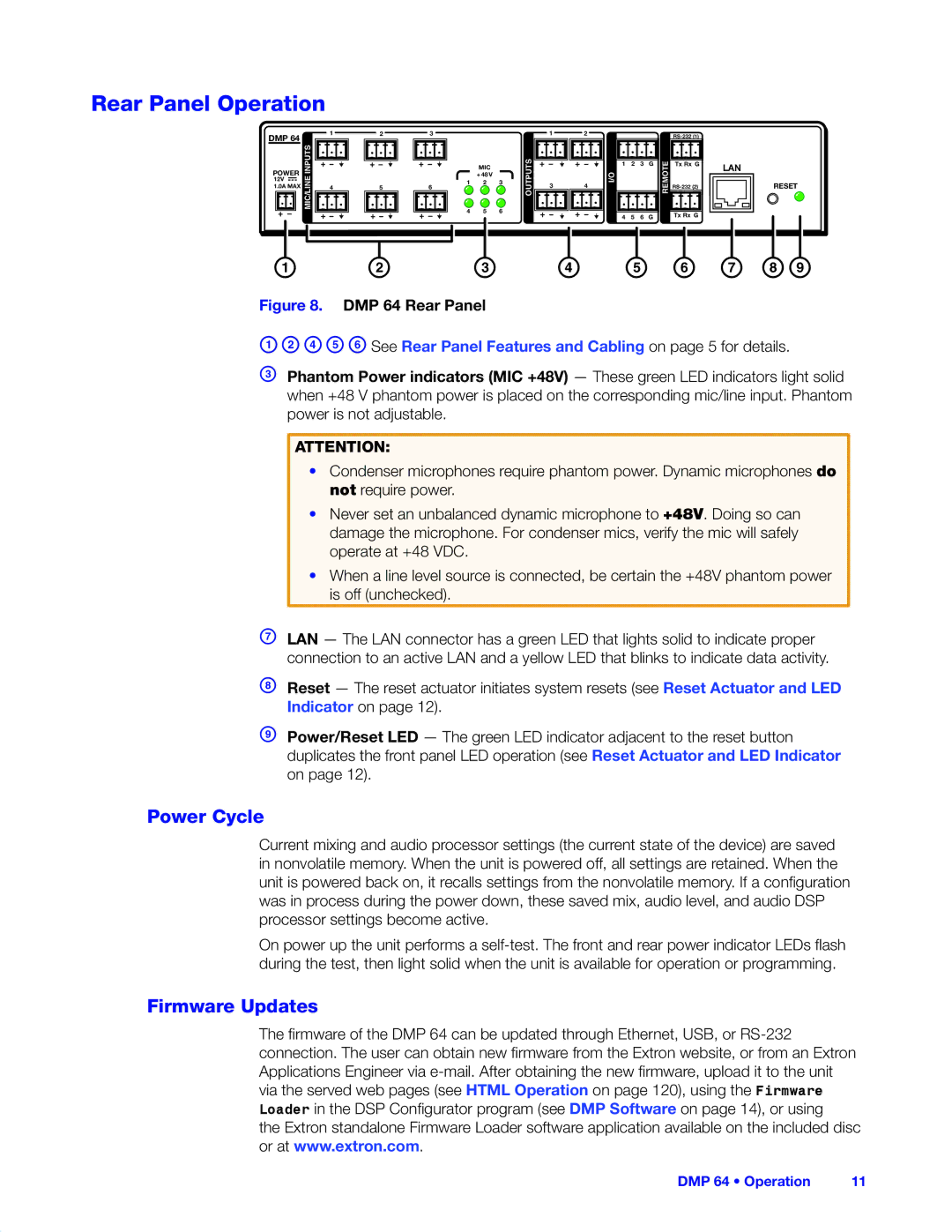 Extron electronic DMP 64 manual Rear Panel Operation, Power Cycle, Firmware Updates 