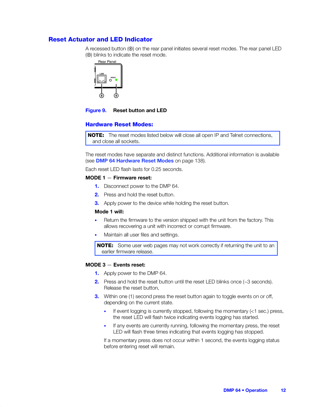 Extron electronic DMP 64 manual Reset Actuator and LED Indicator, Hardware Reset Modes, Mode 1 Firmware reset, Mode 1 will 