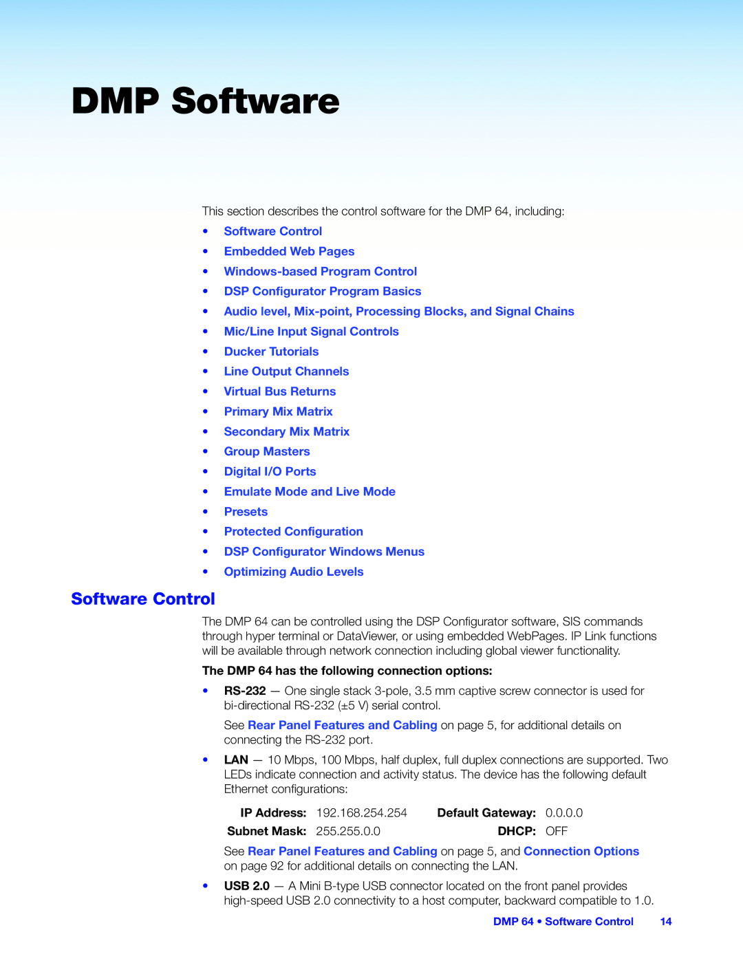 Extron electronic manual Software Control, DMP 64 has the following connection options 