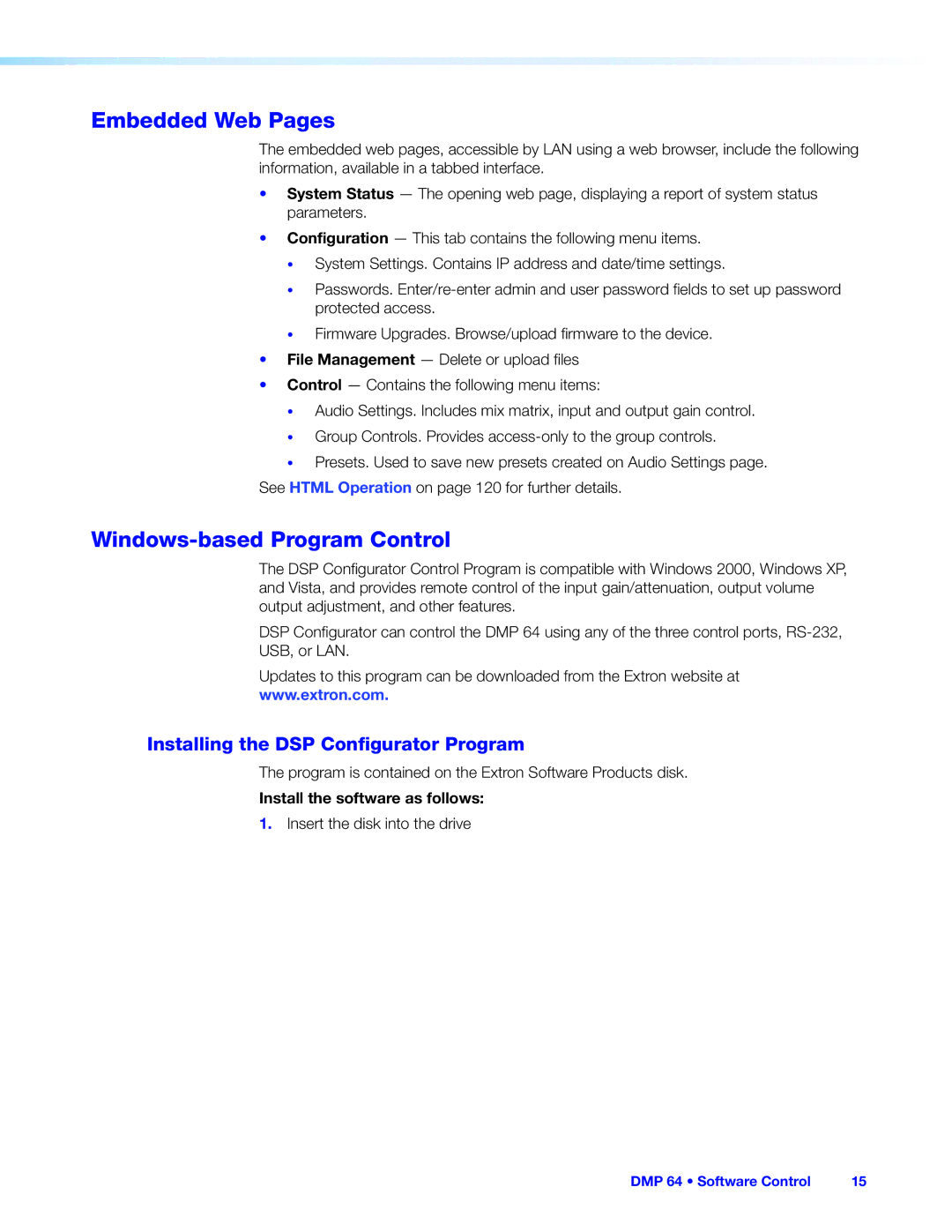 Extron electronic DMP 64 manual Embedded Web Pages, Windows-based Program Control, Installing the DSP Configurator Program 