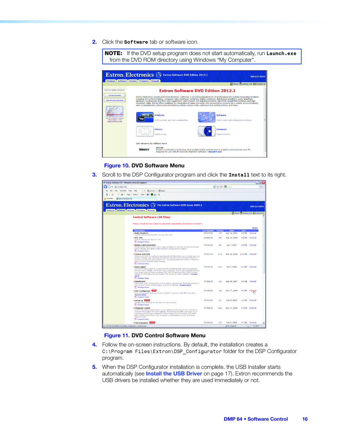 Extron electronic DMP 64 manual DVD Software Menu 